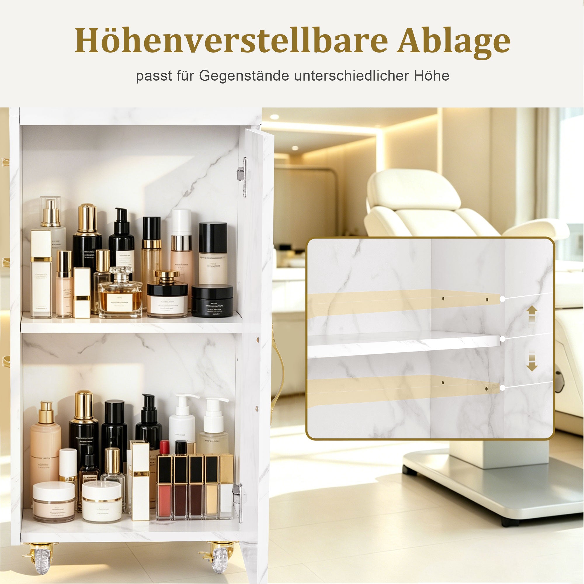 M MCombo Beauty Salon Trolley mit 3 Schubladen & 2 Schränken, mit 3 Föhnhaltern, Rollwagen Servierwagen für Schönheitssalon, Friseur Arbeitswagen, 39x58x90cm, 0065 (Weiß-Gold)