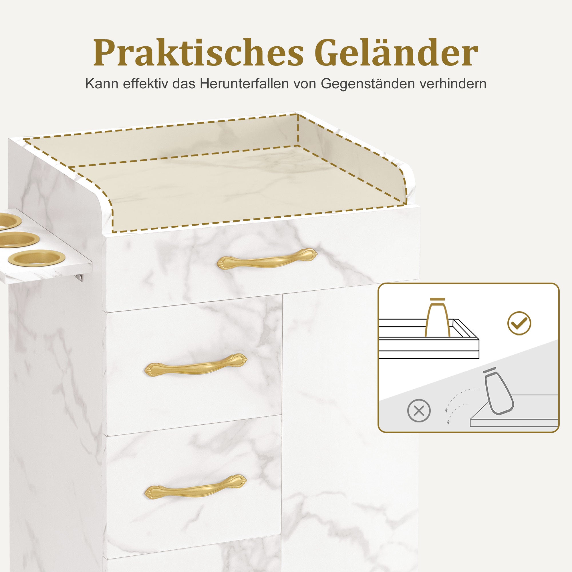 M MCombo Beauty Salon Trolley mit 3 Schubladen & 2 Schränken, mit 3 Föhnhaltern, Rollwagen Servierwagen für Schönheitssalon, Friseur Arbeitswagen, 39x58x90cm, 0065 (Weiß-Gold)