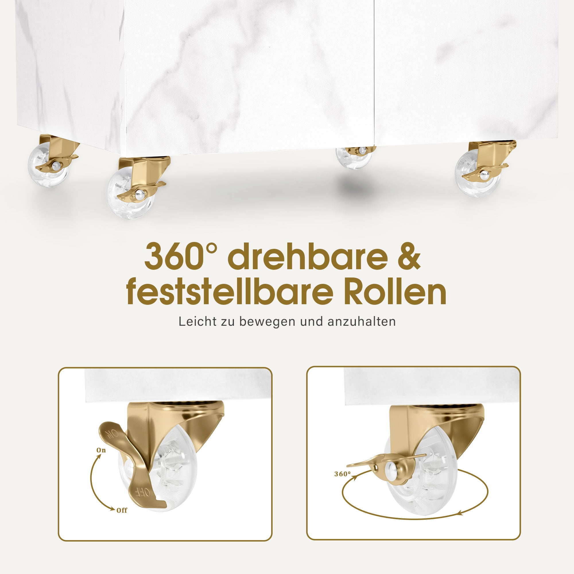M MCombo Beauty Salon Trolley mit 3 Schubladen & 2 Schränken, mit 3 Föhnhaltern, Rollwagen Servierwagen für Schönheitssalon, Friseur Arbeitswagen, 39x58x90cm, 0065 (Weiß-Gold)