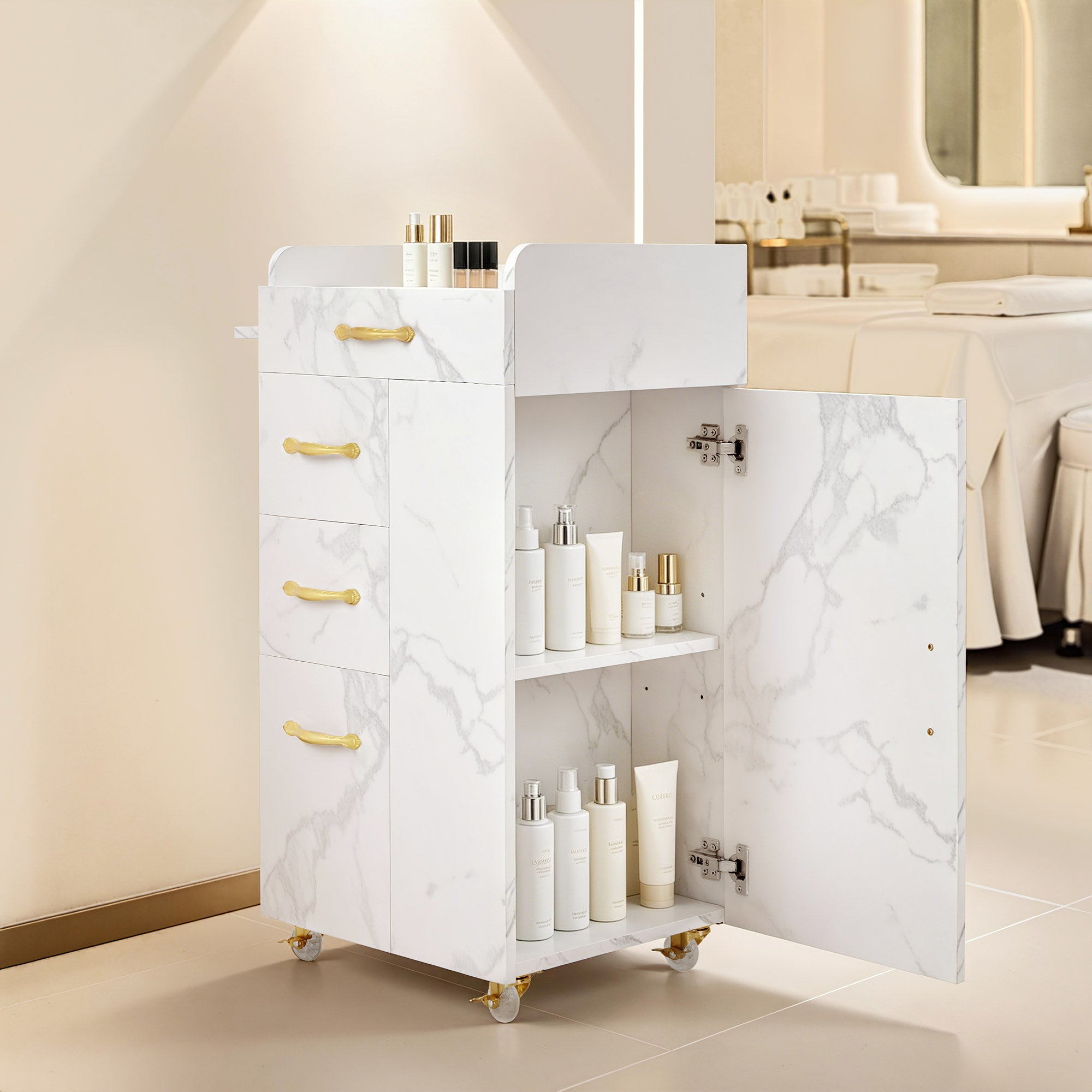 M MCombo Beauty Salon Trolley mit 3 Schubladen & 2 Schränken, mit 3 Föhnhaltern, Rollwagen Servierwagen für Schönheitssalon, Friseur Arbeitswagen, 39x58x90cm, 0065 (Weiß-Gold)
