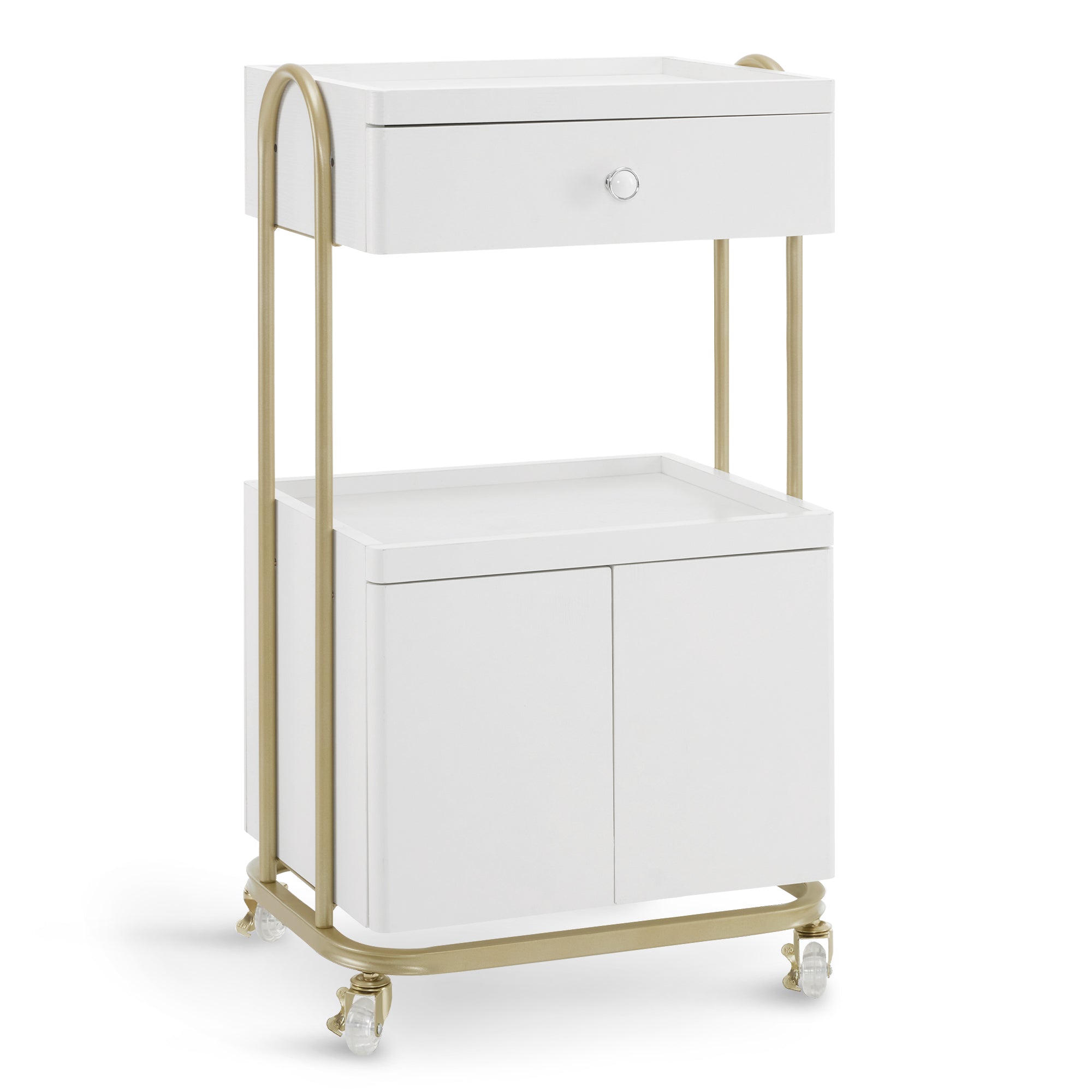M MCombo Serving Cart with Wheels & Drawer, Hairdressing Trolley White-Gold, Salon Trolley with 2 Shelves and Cabinet, Modern Work Cart for Bathroom Living Room, 36x50x87cm, 0086