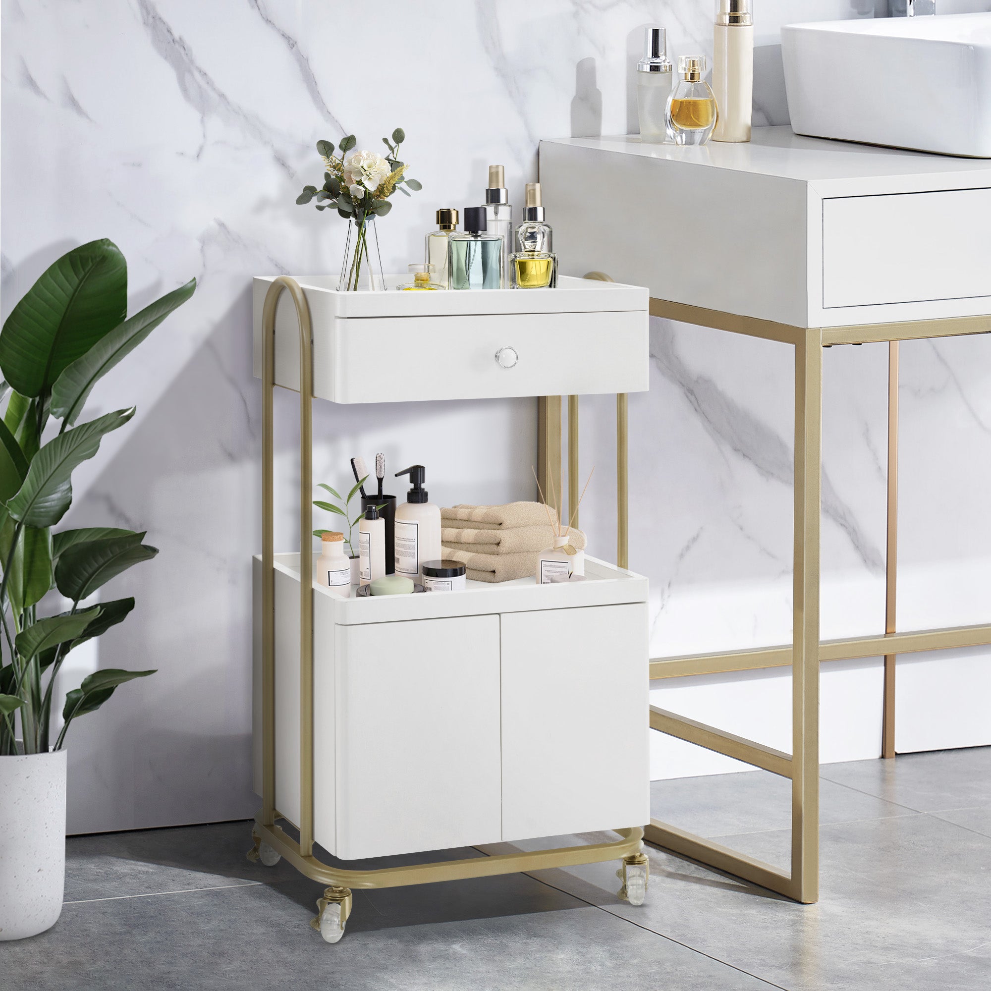 M MCombo Serving Cart with Wheels & Drawer, Hairdressing Trolley White-Gold, Salon Trolley with 2 Shelves and Cabinet, Modern Work Cart for Bathroom Living Room, 36x50x87cm, 0086