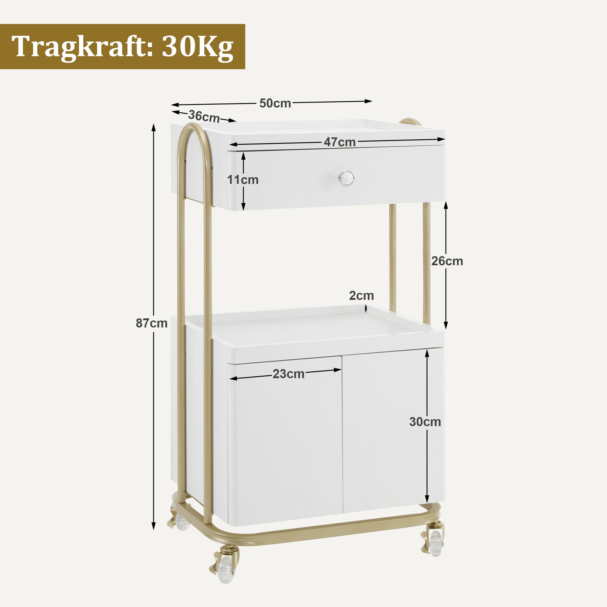 M MCombo Serving Cart with Wheels & Drawer, Hairdressing Trolley White-Gold, Salon Trolley with 2 Shelves and Cabinet, Modern Work Cart for Bathroom Living Room, 36x50x87cm, 0086