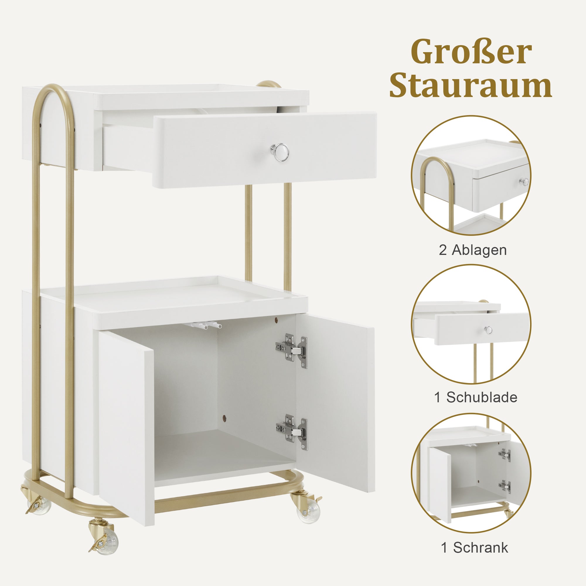 M MCombo Serving Cart with Wheels & Drawer, Hairdressing Trolley White-Gold, Salon Trolley with 2 Shelves and Cabinet, Modern Work Cart for Bathroom Living Room, 36x50x87cm, 0086