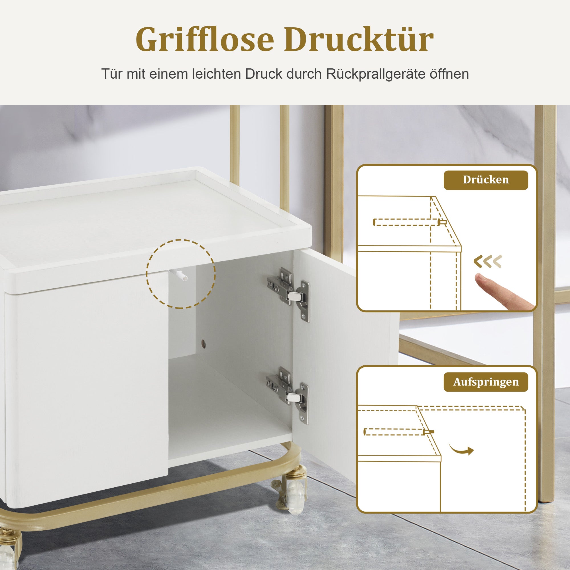 M MCombo Serving Cart with Wheels & Drawer, Hairdressing Trolley White-Gold, Salon Trolley with 2 Shelves and Cabinet, Modern Work Cart for Bathroom Living Room, 36x50x87cm, 0086