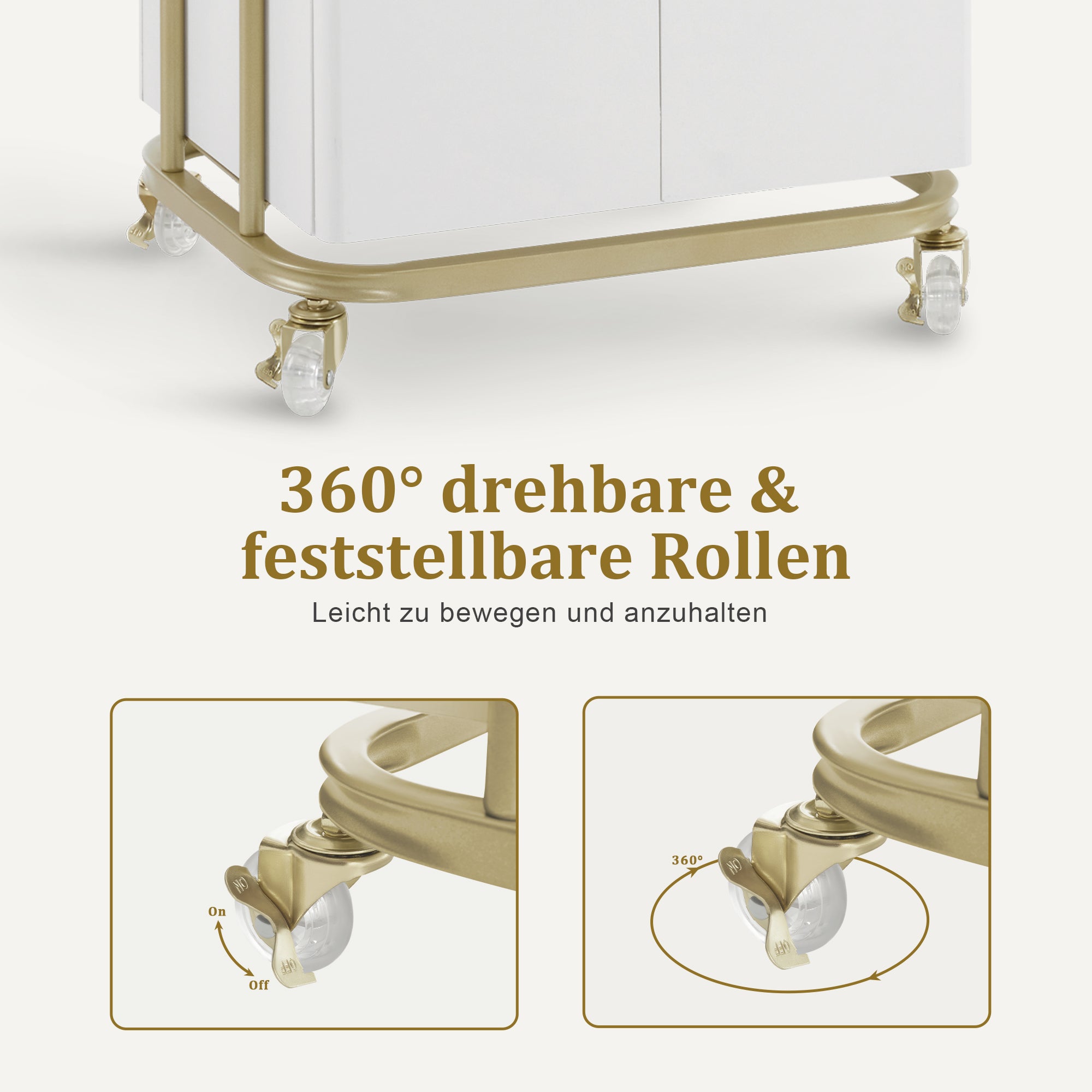 M MCombo Serving Cart with Wheels & Drawer, Hairdressing Trolley White-Gold, Salon Trolley with 2 Shelves and Cabinet, Modern Work Cart for Bathroom Living Room, 36x50x87cm, 0086