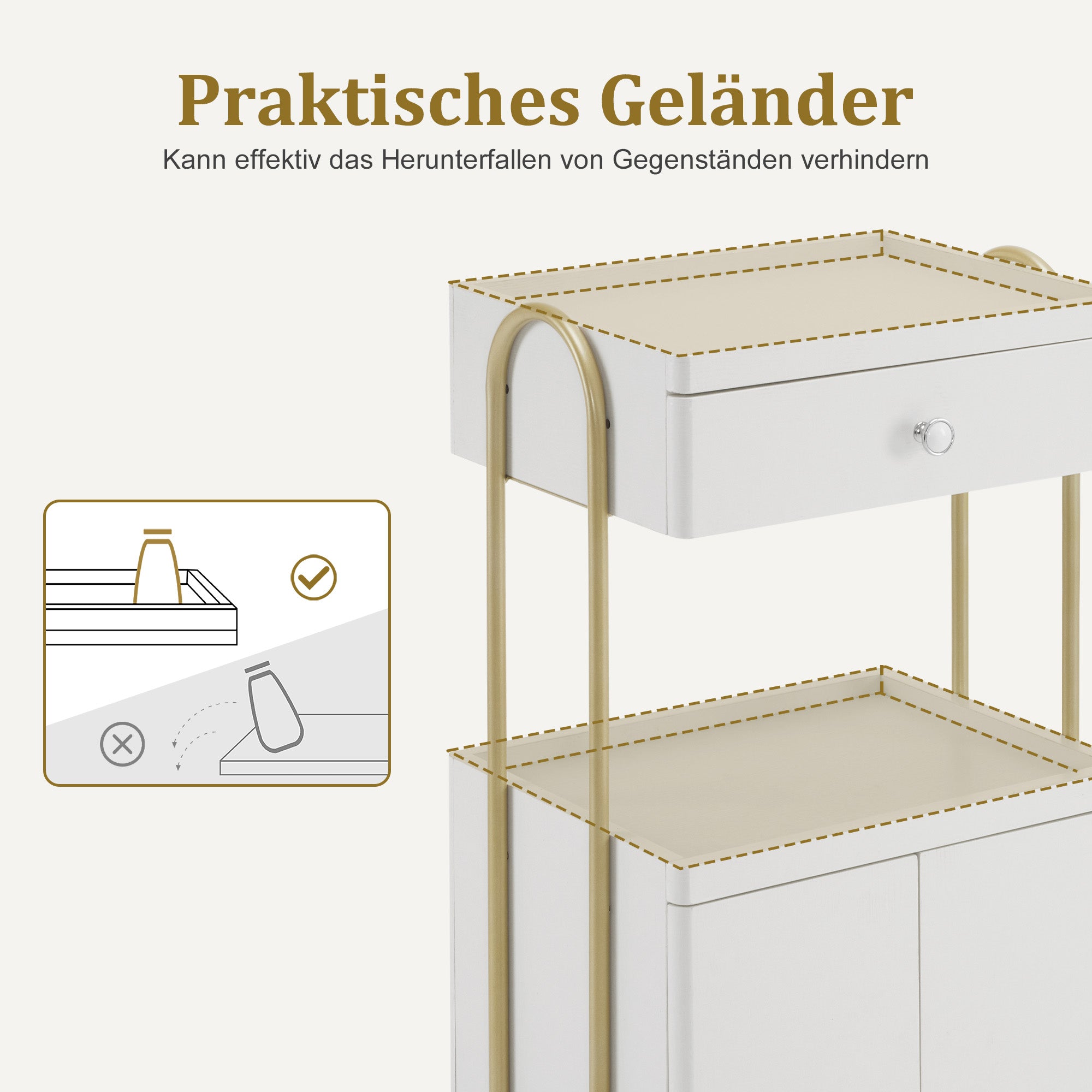 M MCombo Serving Cart with Wheels & Drawer, Hairdressing Trolley White-Gold, Salon Trolley with 2 Shelves and Cabinet, Modern Work Cart for Bathroom Living Room, 36x50x87cm, 0086