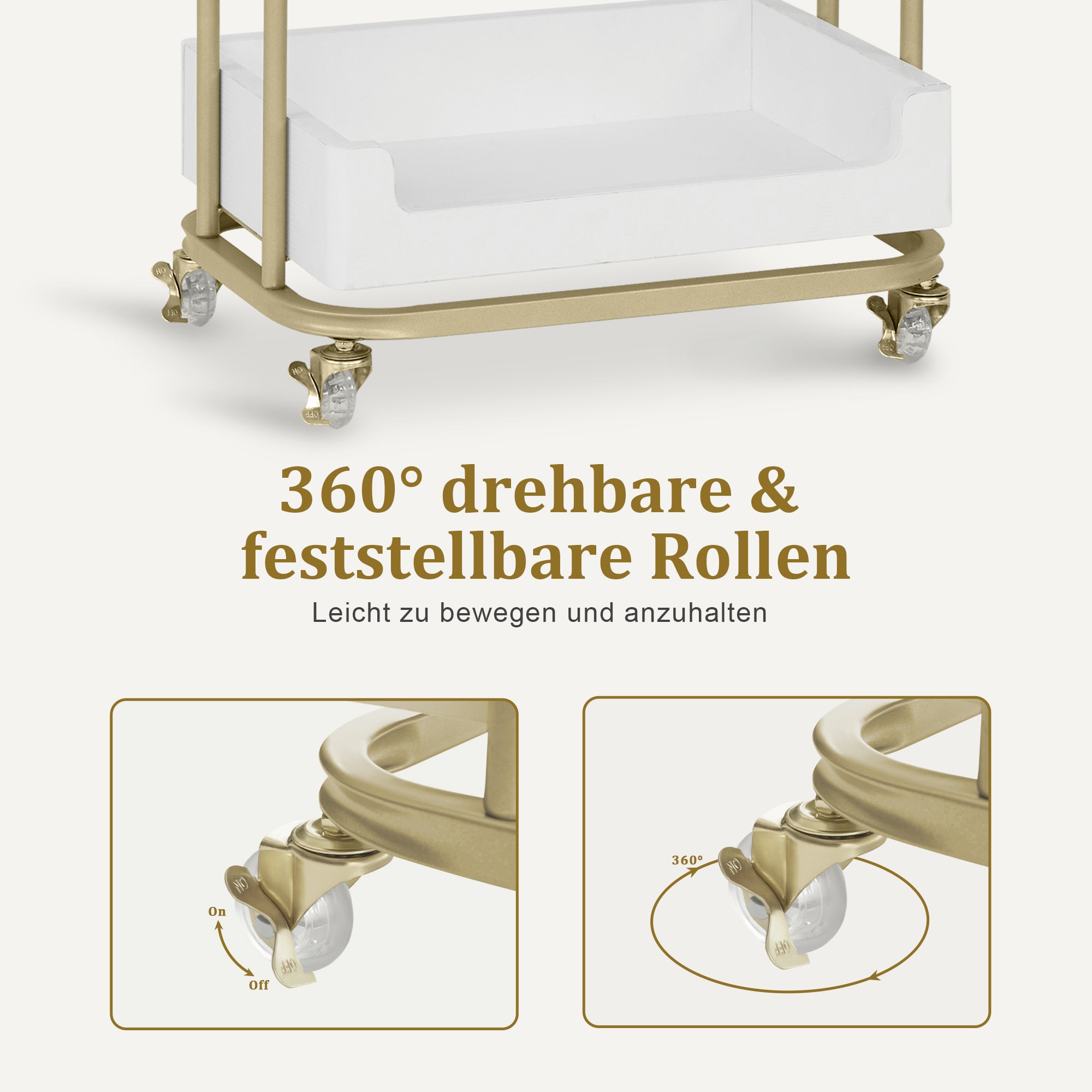 M MCombo Servierwagen mit Rollen & Schublade, Rollwagen Friseurwagen Weiß-Gold, Salon Trolley mit 3 Ablagen, Moderner Arbeitswagen für Bad Wohnzimmer, 37x51x87cm, 0093