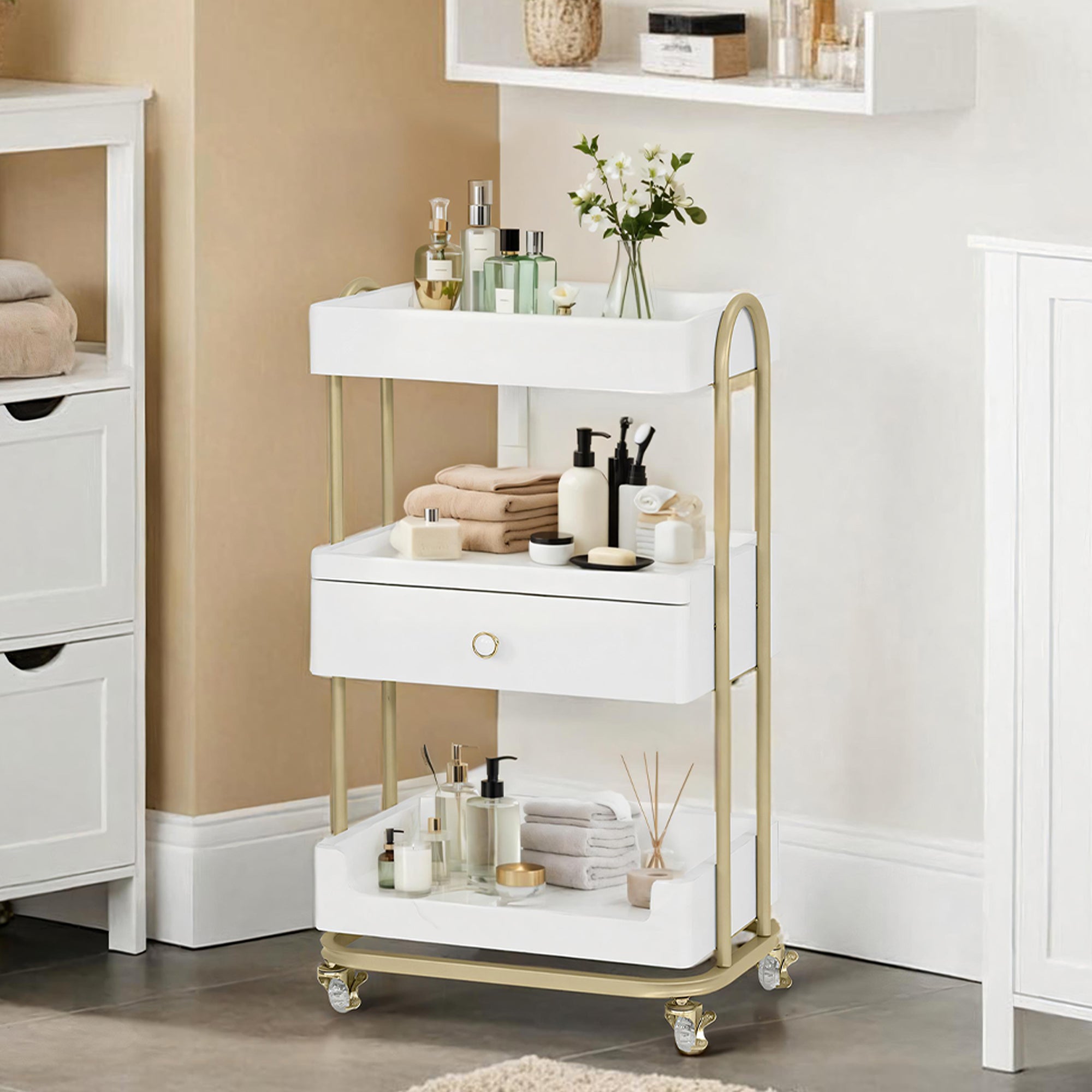 M MCombo Servierwagen mit Rollen & Schublade, Rollwagen Friseurwagen Weiß-Gold, Salon Trolley mit 3 Ablagen, Moderner Arbeitswagen für Bad Wohnzimmer, 37x51x87cm, 0093