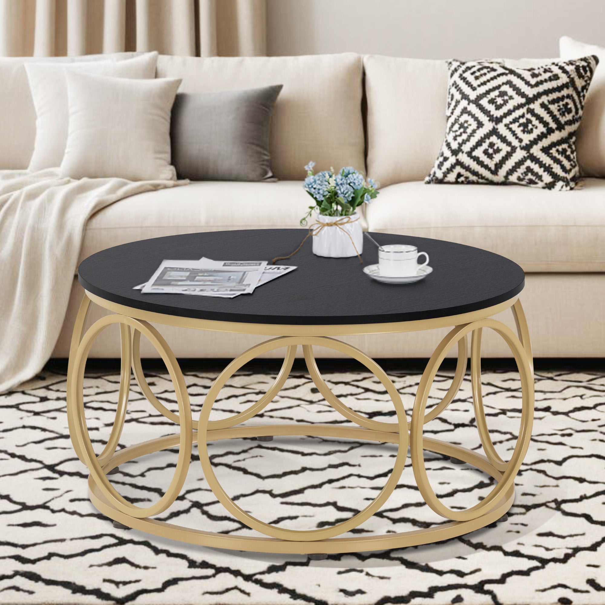 M MCombo coffee table round wood, modern sofa table marble white gold, small coffee table metal frame, side table for living room, diameter 80cm, 2102