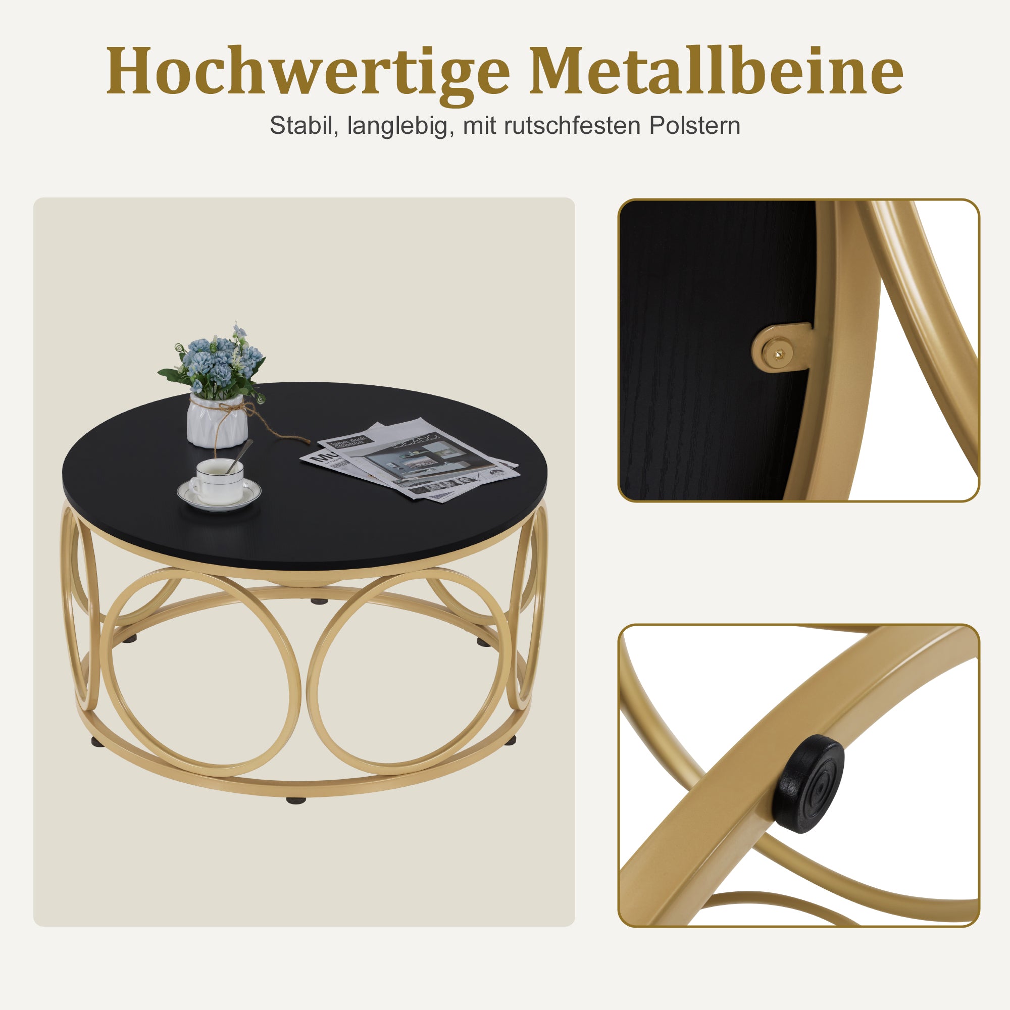 M MCombo coffee table round wood, modern sofa table marble white gold, small coffee table metal frame, side table for living room, diameter 80cm, 2102