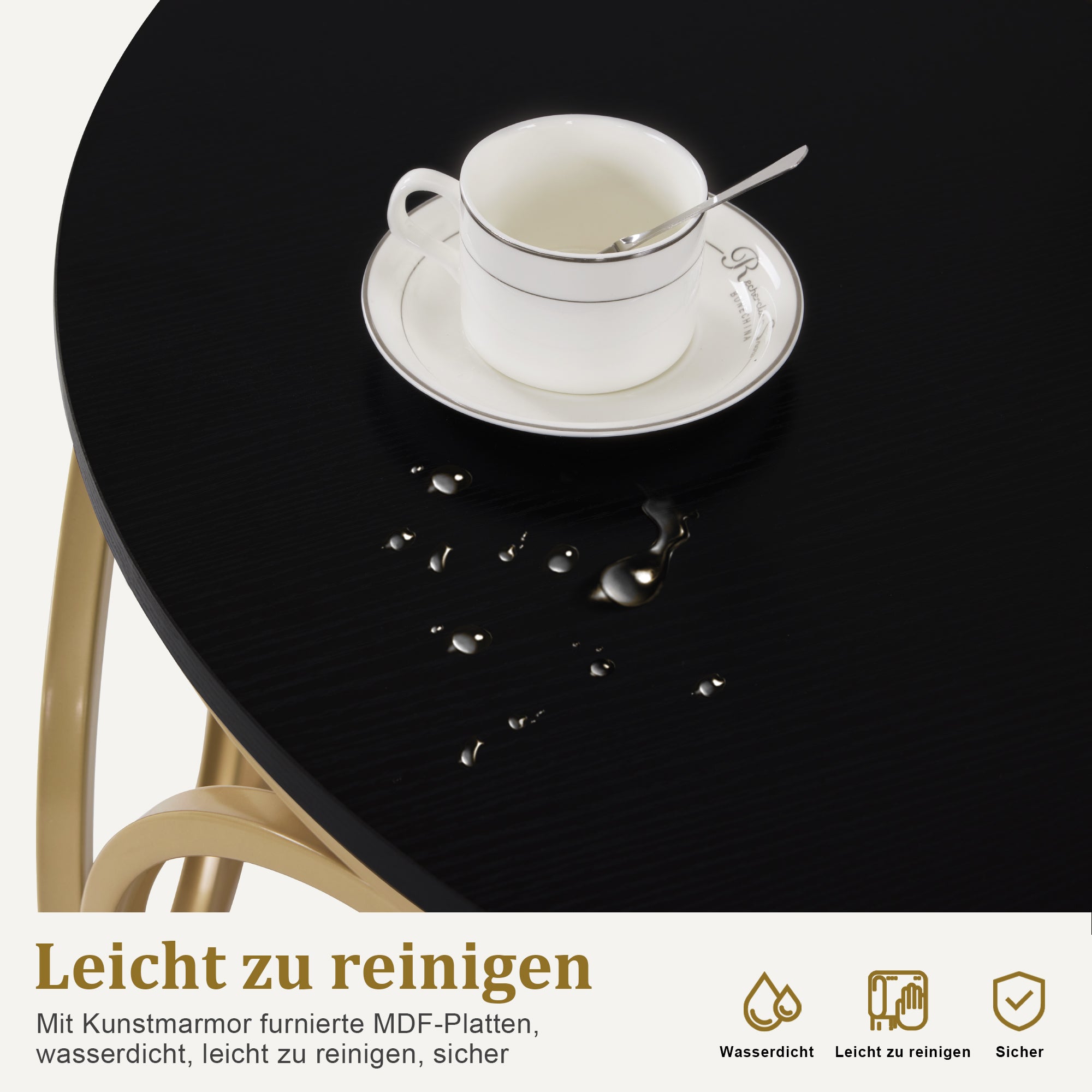 M MCombo coffee table round wood, modern sofa table marble white gold, small coffee table metal frame, side table for living room, diameter 80cm, 2102