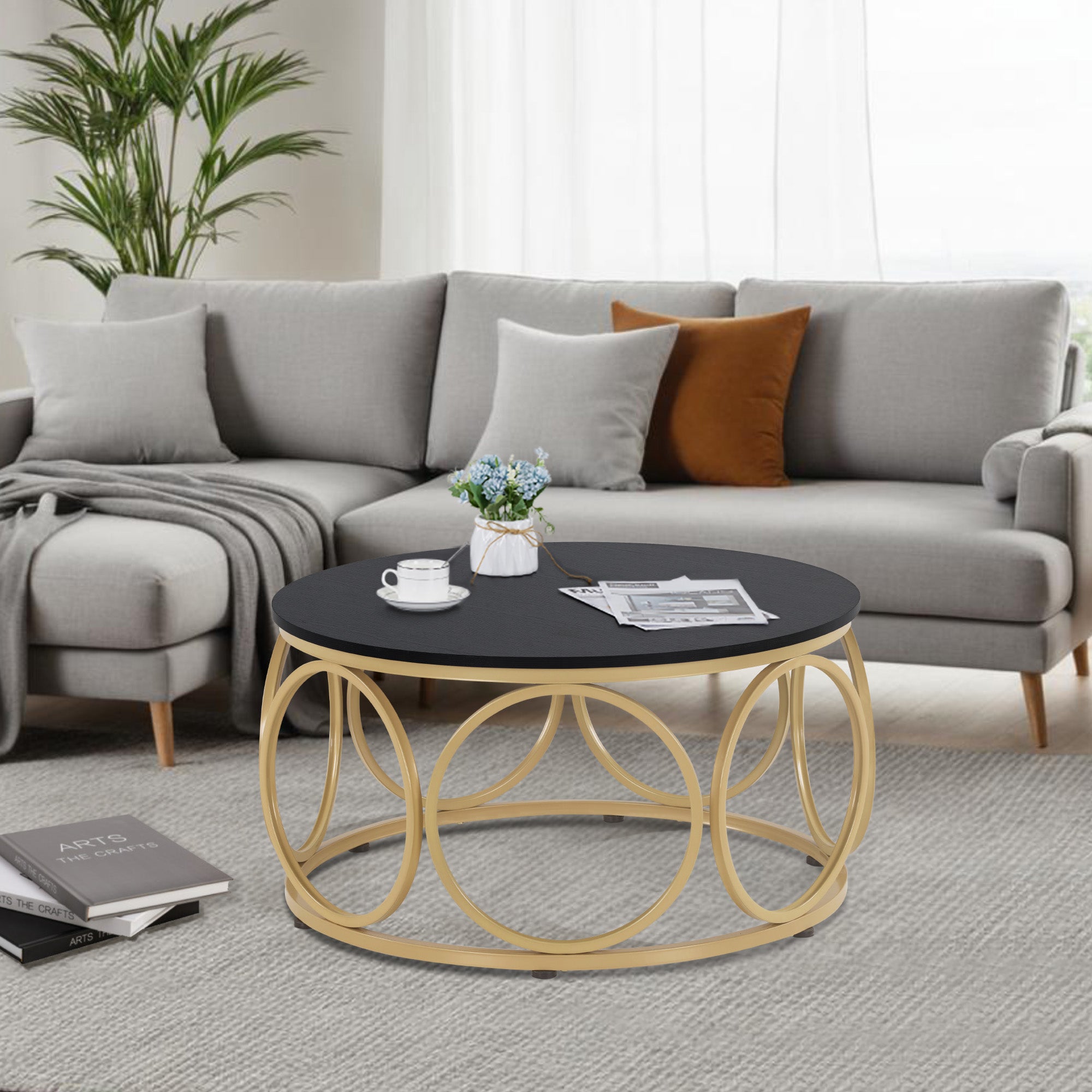 M MCombo coffee table round wood, modern sofa table marble white gold, small coffee table metal frame, side table for living room, diameter 80cm, 2102