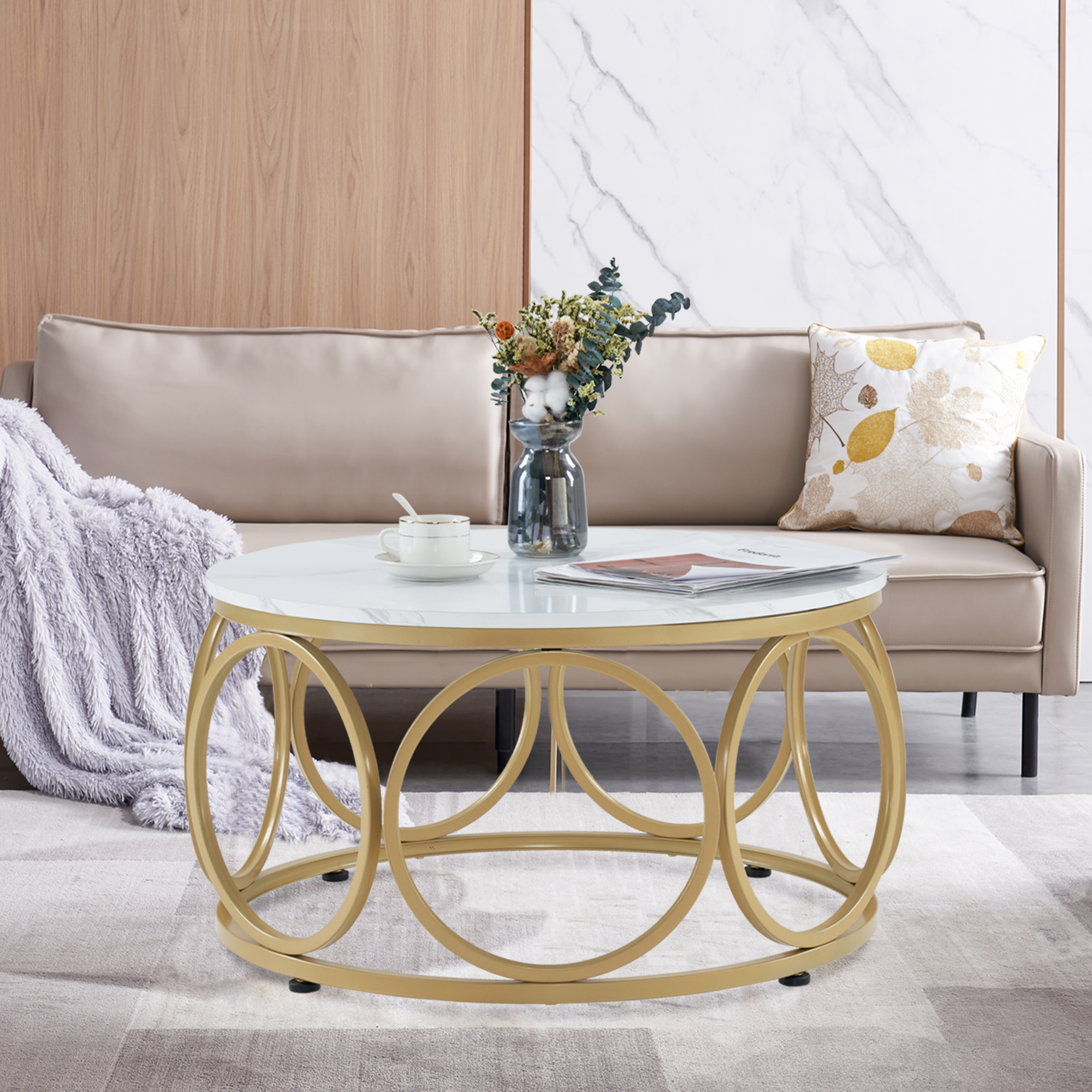 M MCombo coffee table round wood, modern sofa table marble white gold, small coffee table metal frame, side table for living room, diameter 80cm, 2102