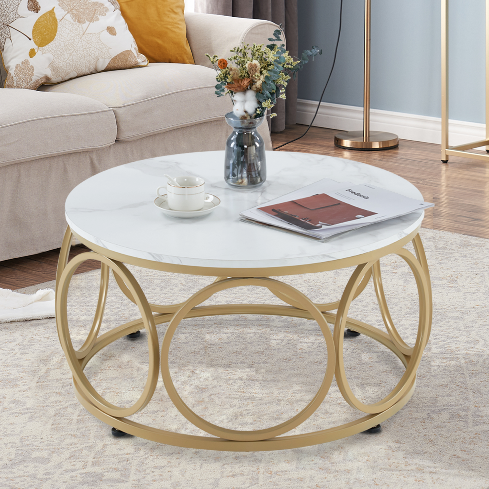 M MCombo coffee table round wood, modern sofa table marble white gold, small coffee table metal frame, side table for living room, diameter 80cm, 2102