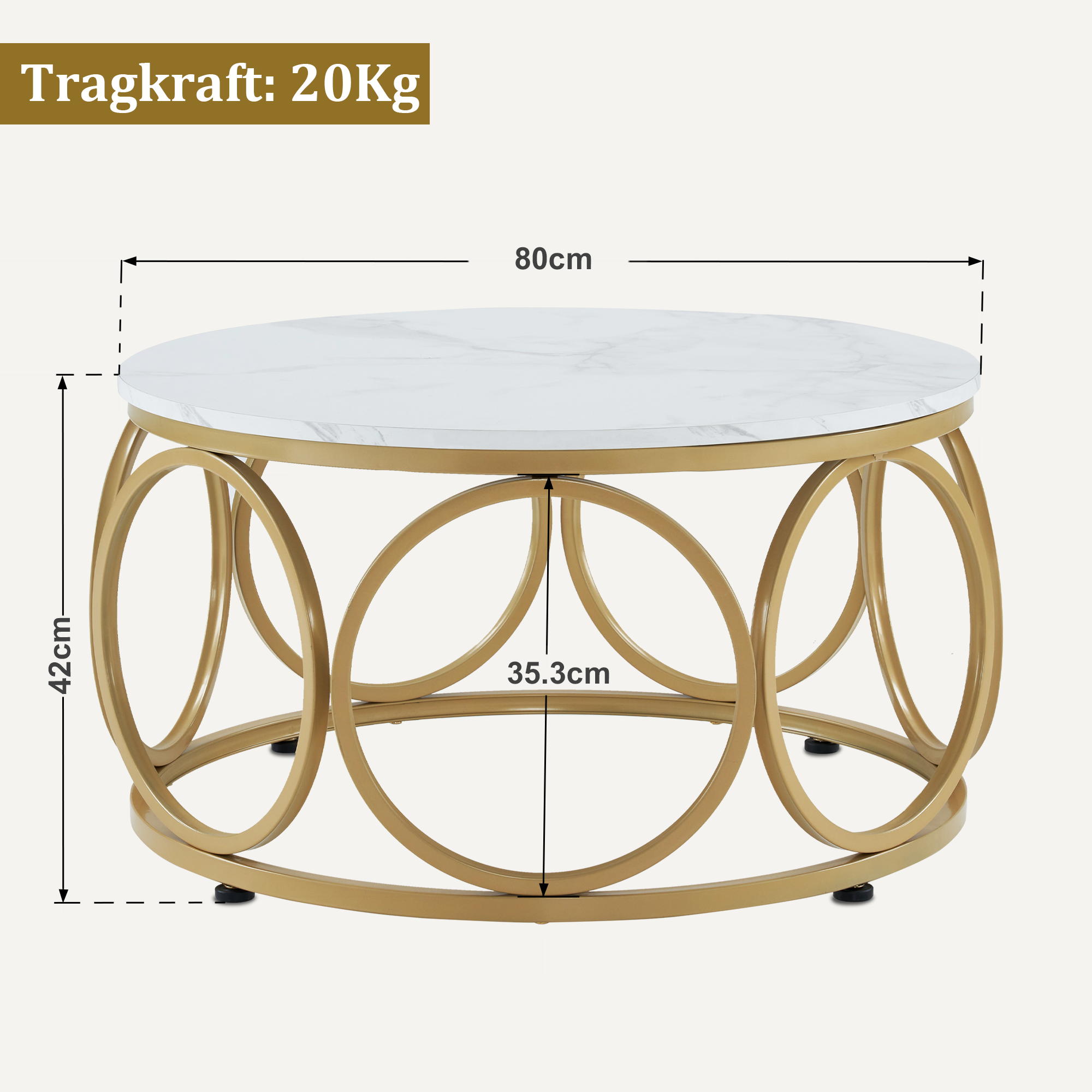 M MCombo coffee table round wood, modern sofa table marble white gold, small coffee table metal frame, side table for living room, diameter 80cm, 2102