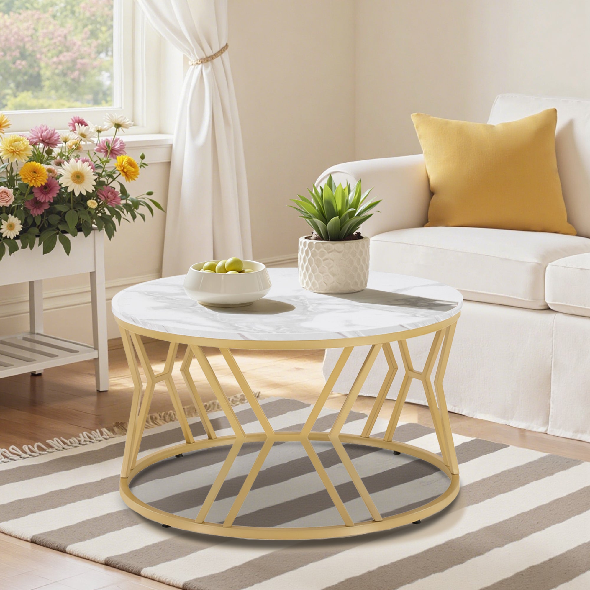 M MCombo Couchtisch Rund Holz, Moderner Sofatisch, Kleiner Beistelltisch Metall, Kaffeetisch für Wohnzimmer, Schönheitssalon, Wohnzimmertisch Marmor-Weiß Gold, 80x80x46cm, 2115