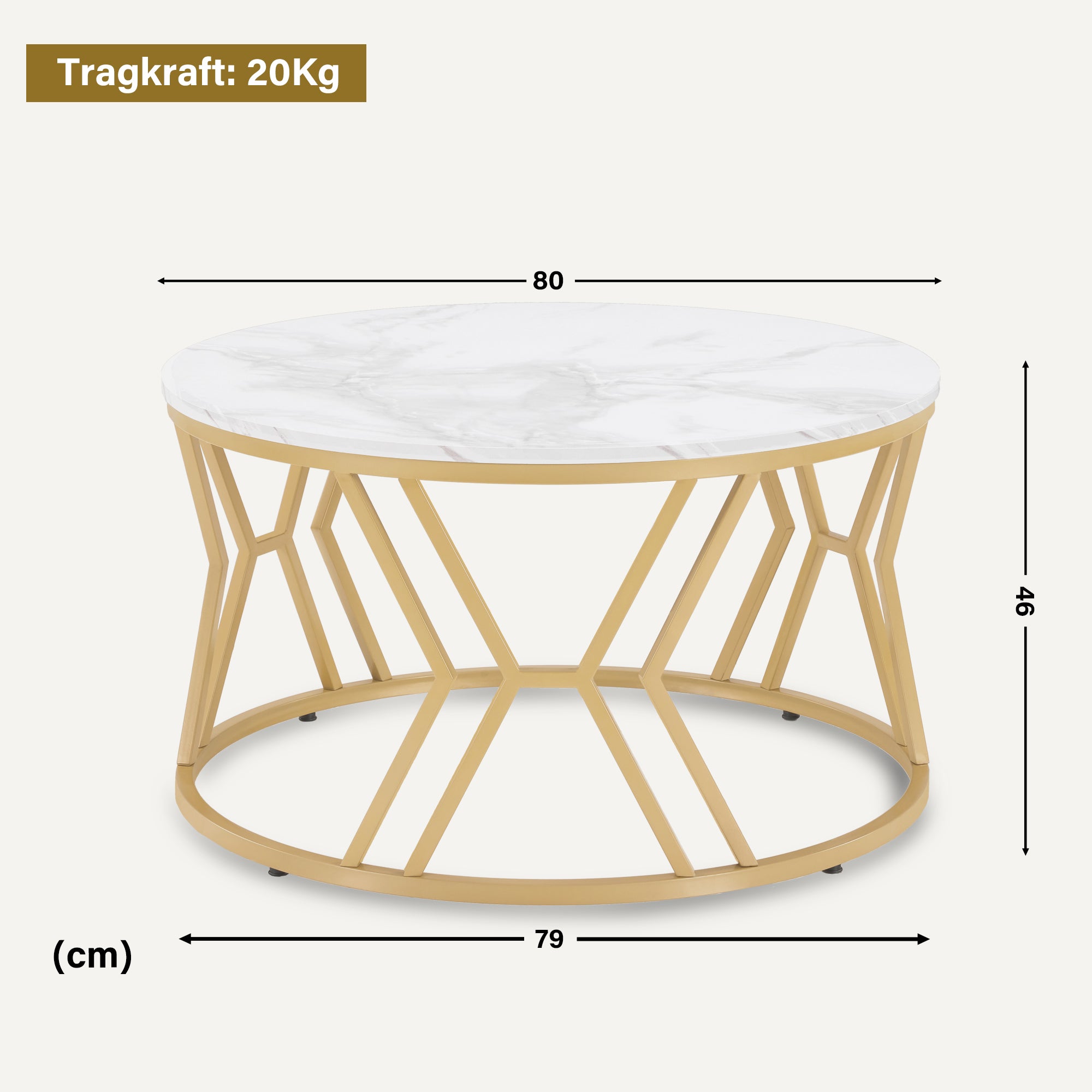 M MCombo Couchtisch Rund Holz, Moderner Sofatisch, Kleiner Beistelltisch Metall, Kaffeetisch für Wohnzimmer, Schönheitssalon, Wohnzimmertisch Marmor-Weiß Gold, 80x80x46cm, 2115