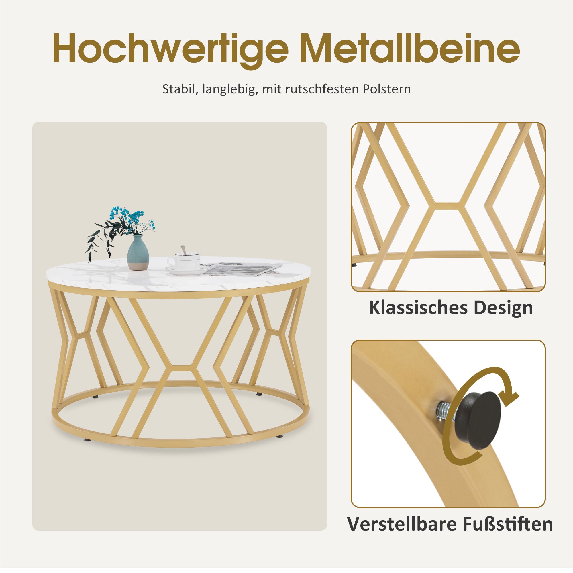 M MCombo Couchtisch Rund Holz, Moderner Sofatisch, Kleiner Beistelltisch Metall, Kaffeetisch für Wohnzimmer, Schönheitssalon, Wohnzimmertisch Marmor-Weiß Gold, 80x80x46cm, 2115