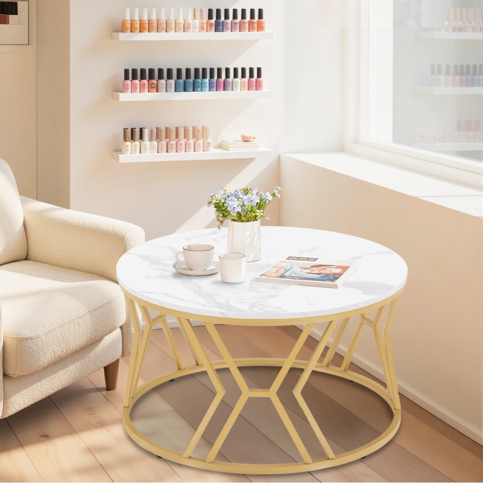 M MCombo Couchtisch Rund Holz, Moderner Sofatisch, Kleiner Beistelltisch Metall, Kaffeetisch für Wohnzimmer, Schönheitssalon, Wohnzimmertisch Marmor-Weiß Gold, 80x80x46cm, 2115