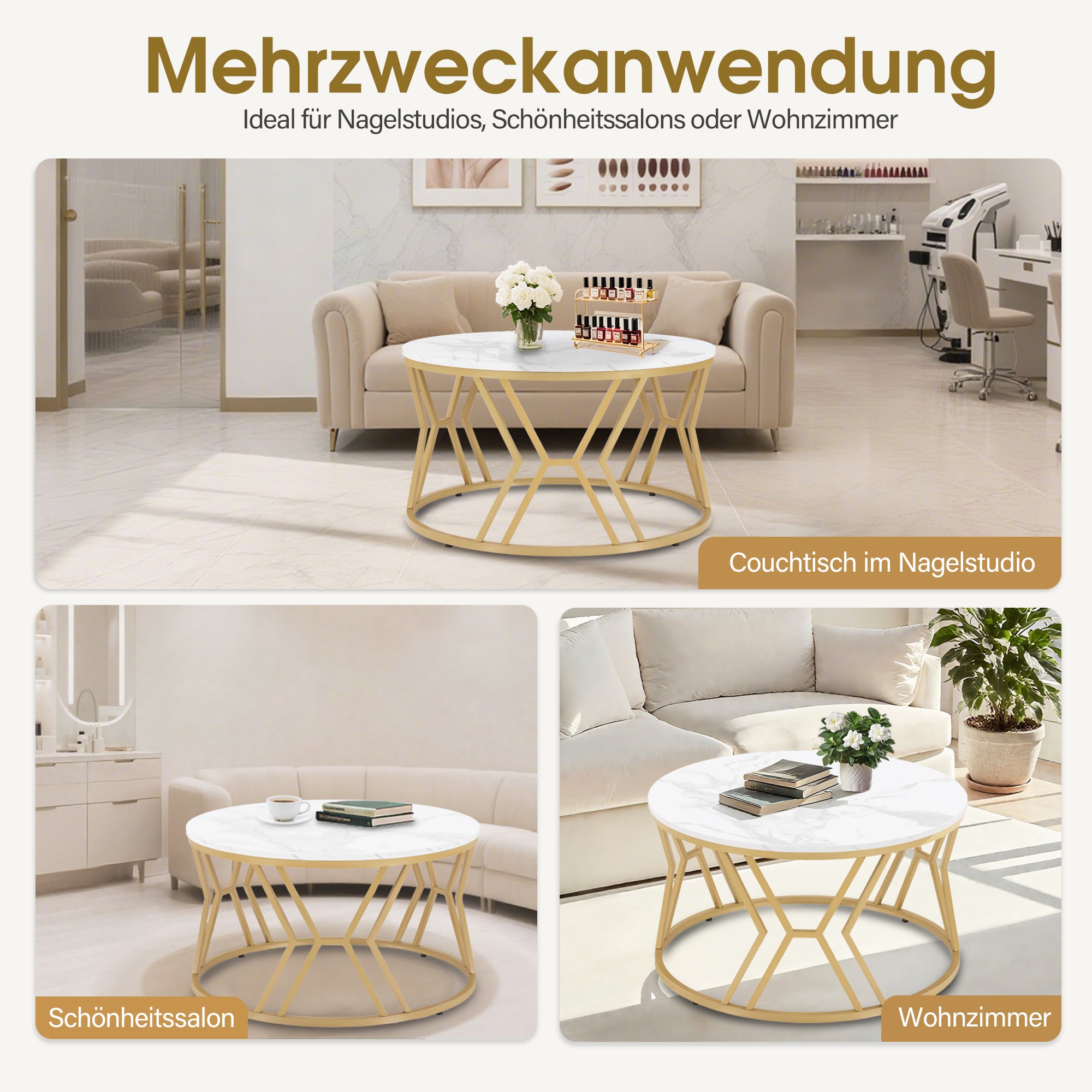 M MCombo Couchtisch Rund Holz, Moderner Sofatisch, Kleiner Beistelltisch Metall, Kaffeetisch für Wohnzimmer, Schönheitssalon, Wohnzimmertisch Marmor-Weiß Gold, 80x80x46cm, 2115