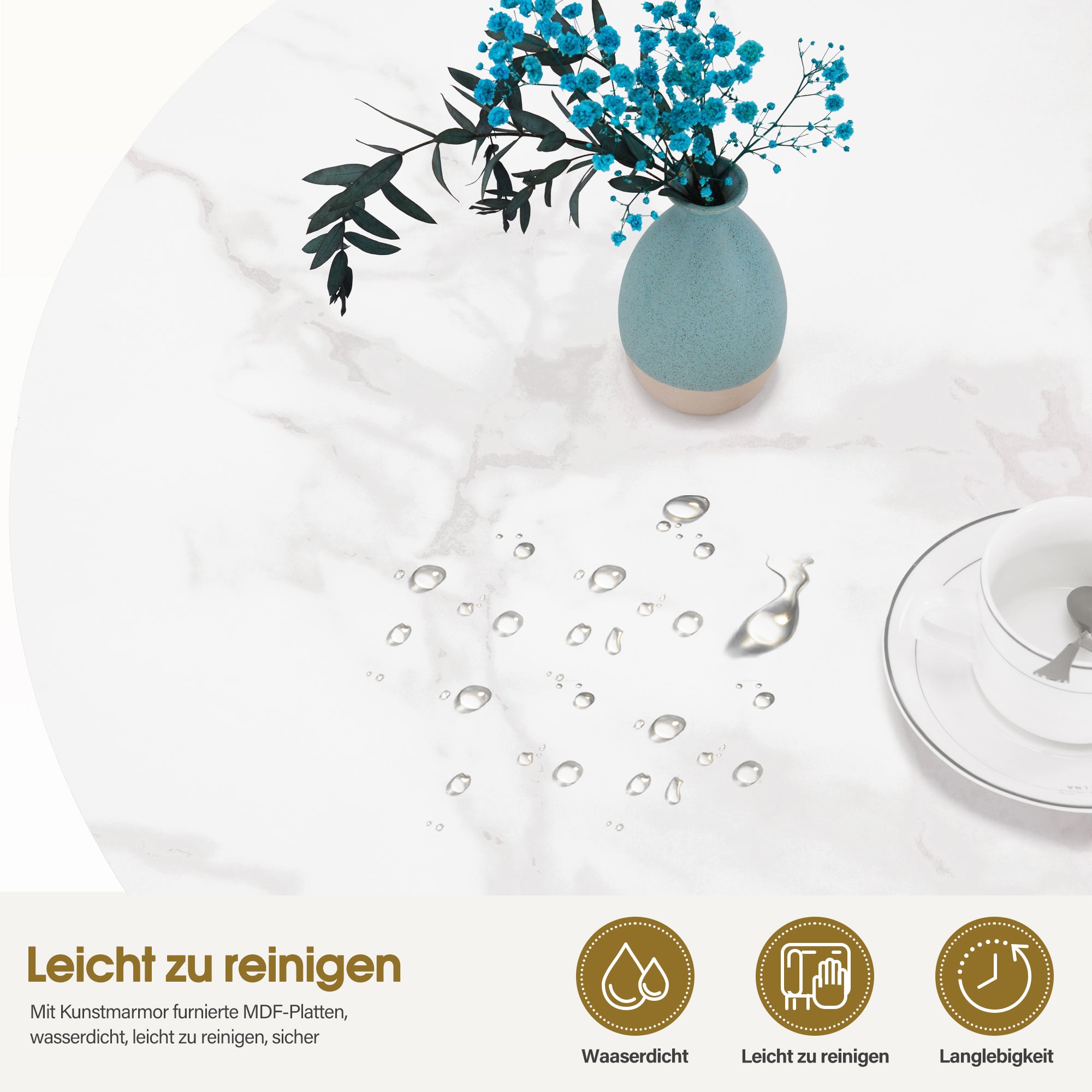 M MCombo Couchtisch Rund Holz, Moderner Sofatisch, Kleiner Beistelltisch Metall, Kaffeetisch für Wohnzimmer, Schönheitssalon, Wohnzimmertisch Marmor-Weiß Gold, 80x80x46cm, 2115