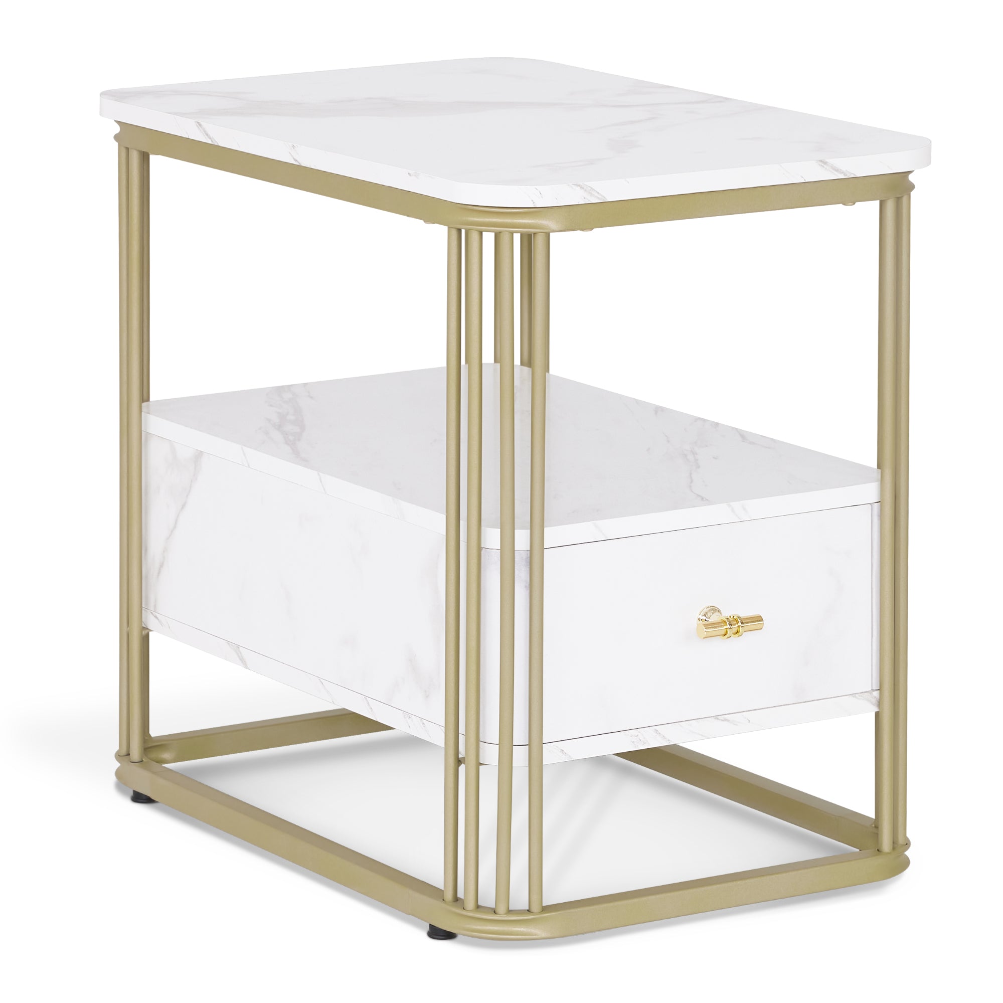 M MCombo Side Table with Drawer, Modern Sofa Table Marble White Gold, Small Coffee Table Metal Frame, Bedside Table with 2 Shelves, Coffee Table for Living Room, 60x40x55, 2138