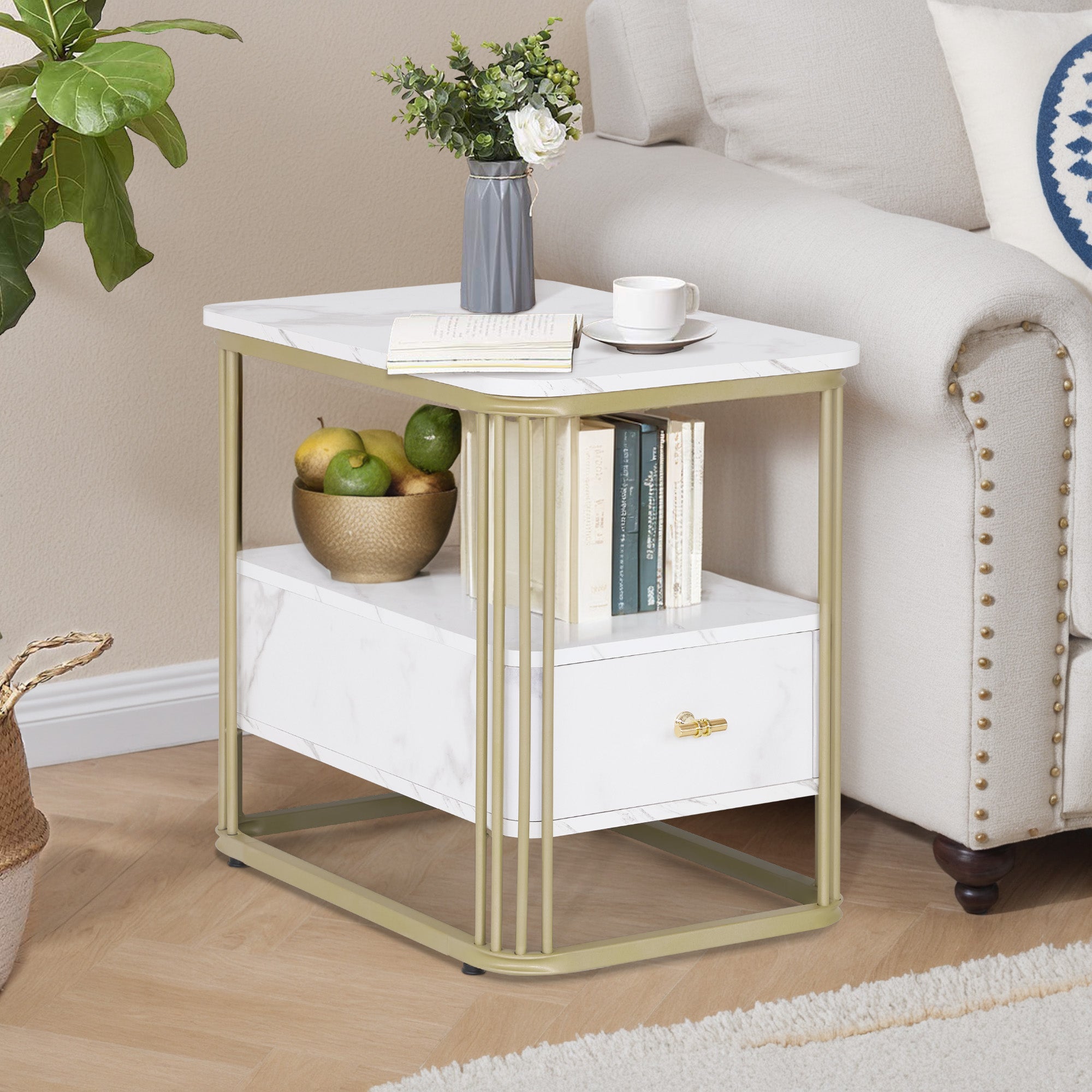 M MCombo Side Table with Drawer, Modern Sofa Table Marble White Gold, Small Coffee Table Metal Frame, Bedside Table with 2 Shelves, Coffee Table for Living Room, 60x40x55, 2138