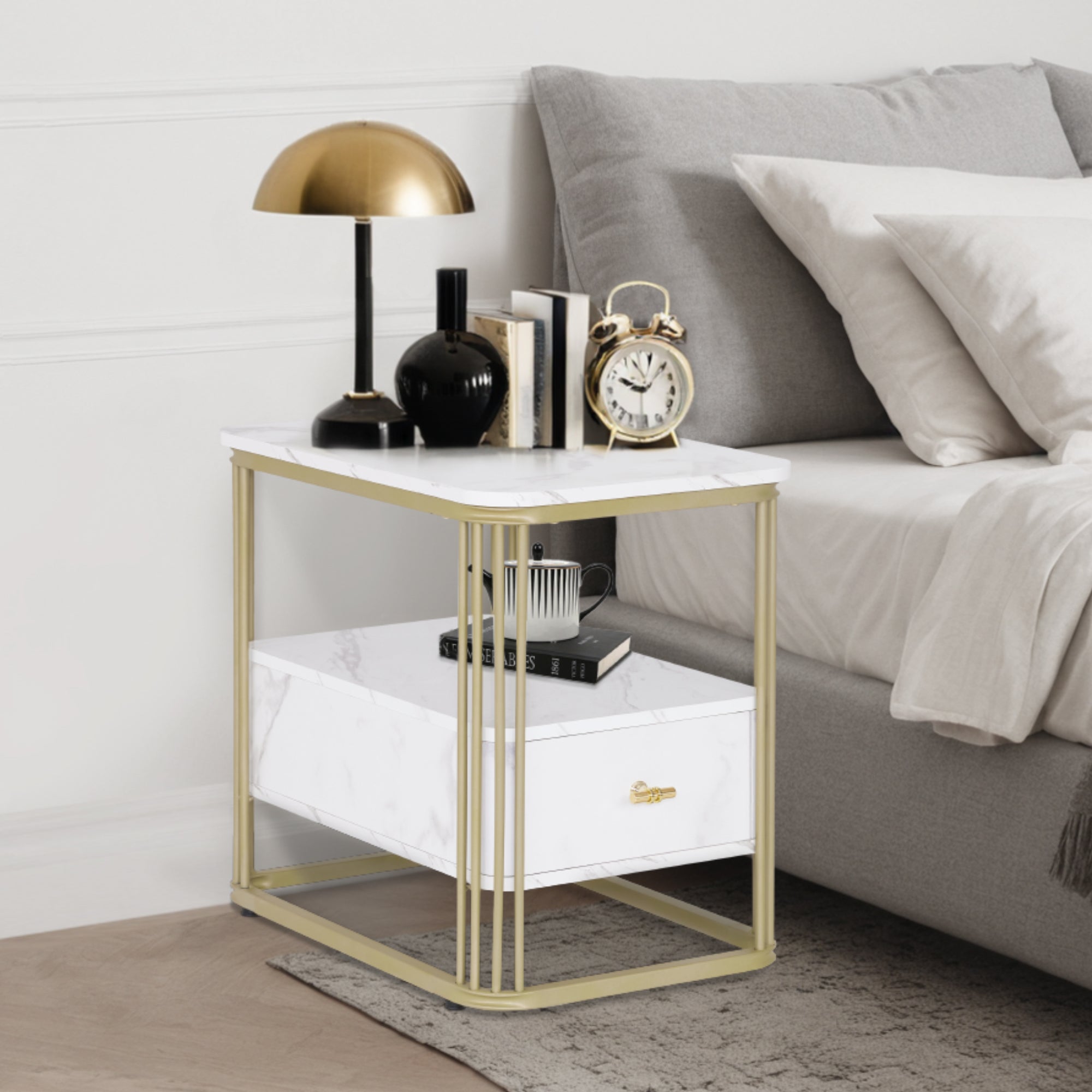M MCombo Side Table with Drawer, Modern Sofa Table Marble White Gold, Small Coffee Table Metal Frame, Bedside Table with 2 Shelves, Coffee Table for Living Room, 60x40x55, 2138