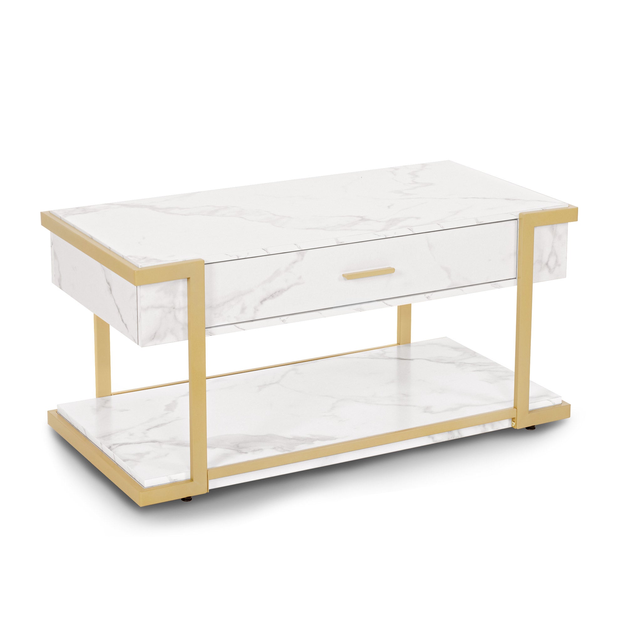M MCombo Coffee Table Gold, Side Table with Drawer, Sofa Table with 2 Shelves, Modern Metal Living Room Table, Coffee Table for Living Room, Beauty Salon, Marble White, 50x100.5x48cm, 2141
