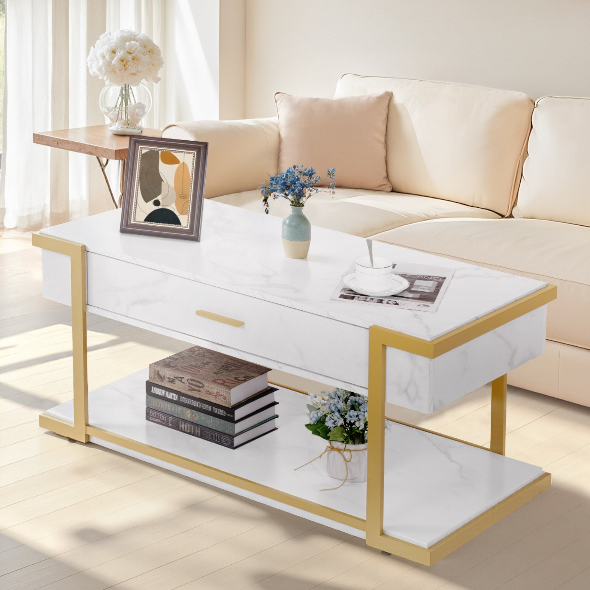 M MCombo Coffee Table Gold, Side Table with Drawer, Sofa Table with 2 Shelves, Modern Metal Living Room Table, Coffee Table for Living Room, Beauty Salon, Marble White, 50x100.5x48cm, 2141