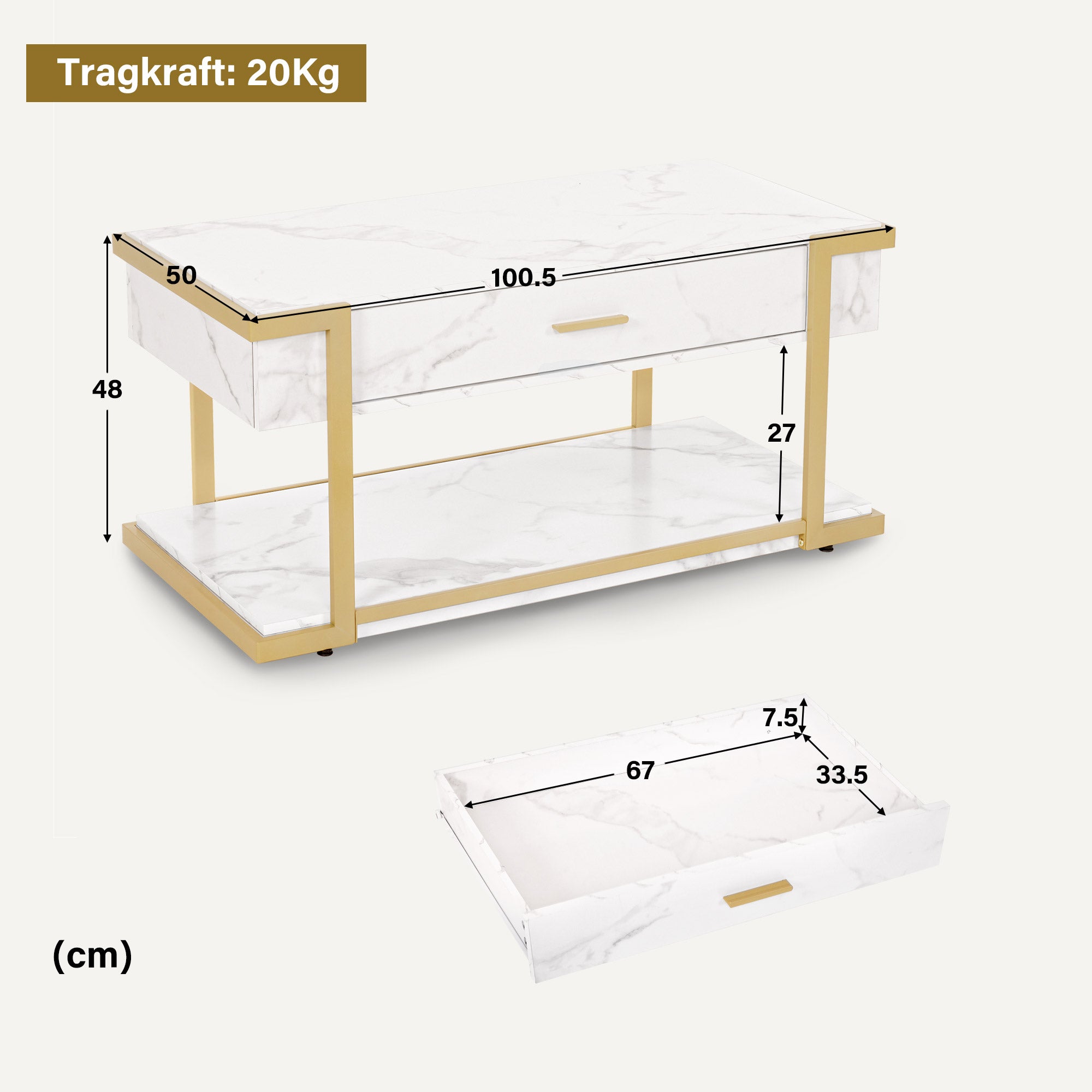 M MCombo Coffee Table Gold, Side Table with Drawer, Sofa Table with 2 Shelves, Modern Metal Living Room Table, Coffee Table for Living Room, Beauty Salon, Marble White, 50x100.5x48cm, 2141