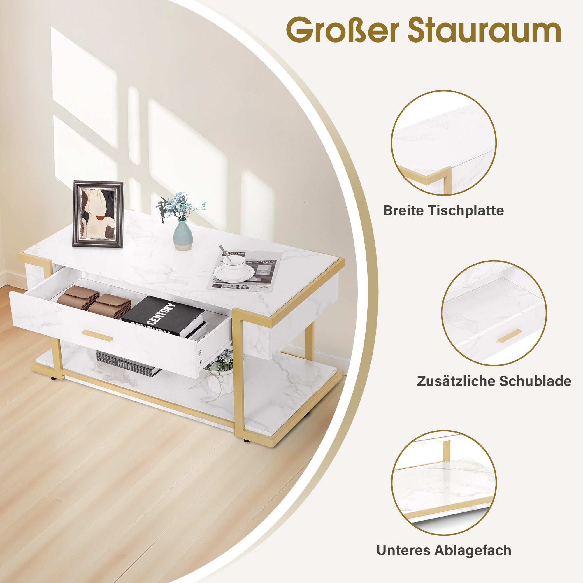 M MCombo Coffee Table Gold, Side Table with Drawer, Sofa Table with 2 Shelves, Modern Metal Living Room Table, Coffee Table for Living Room, Beauty Salon, Marble White, 50x100.5x48cm, 2141