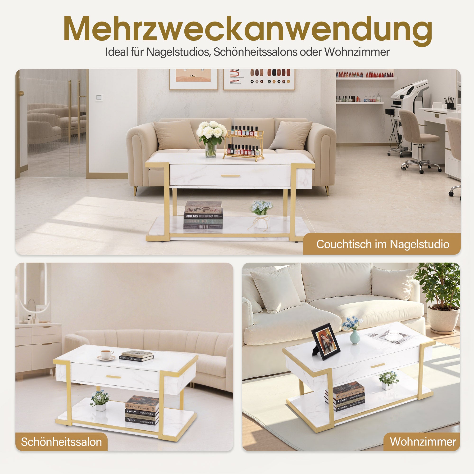 M MCombo Coffee Table Gold, Side Table with Drawer, Sofa Table with 2 Shelves, Modern Metal Living Room Table, Coffee Table for Living Room, Beauty Salon, Marble White, 50x100.5x48cm, 2141