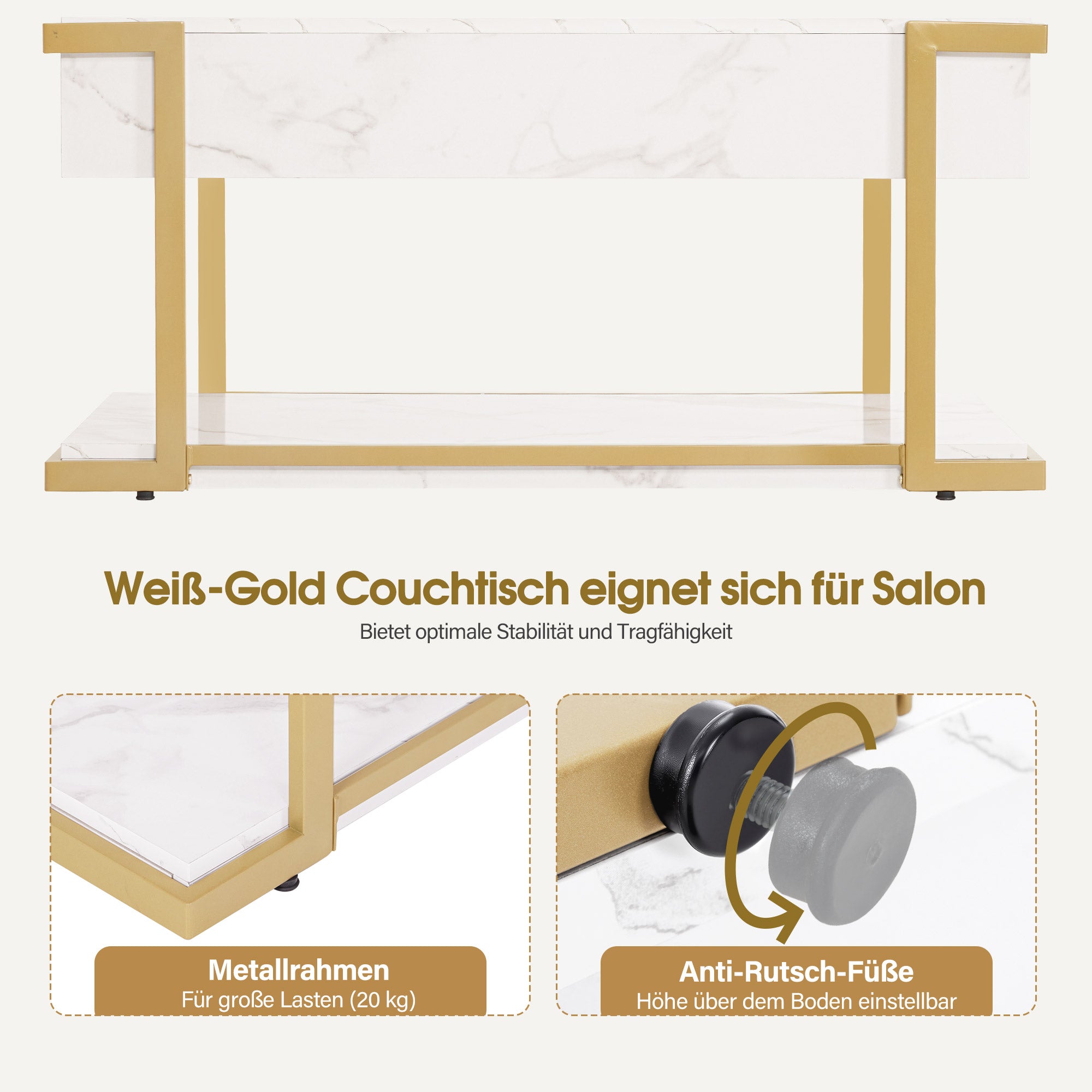 M MCombo Coffee Table Gold, Side Table with Drawer, Sofa Table with 2 Shelves, Modern Metal Living Room Table, Coffee Table for Living Room, Beauty Salon, Marble White, 50x100.5x48cm, 2141