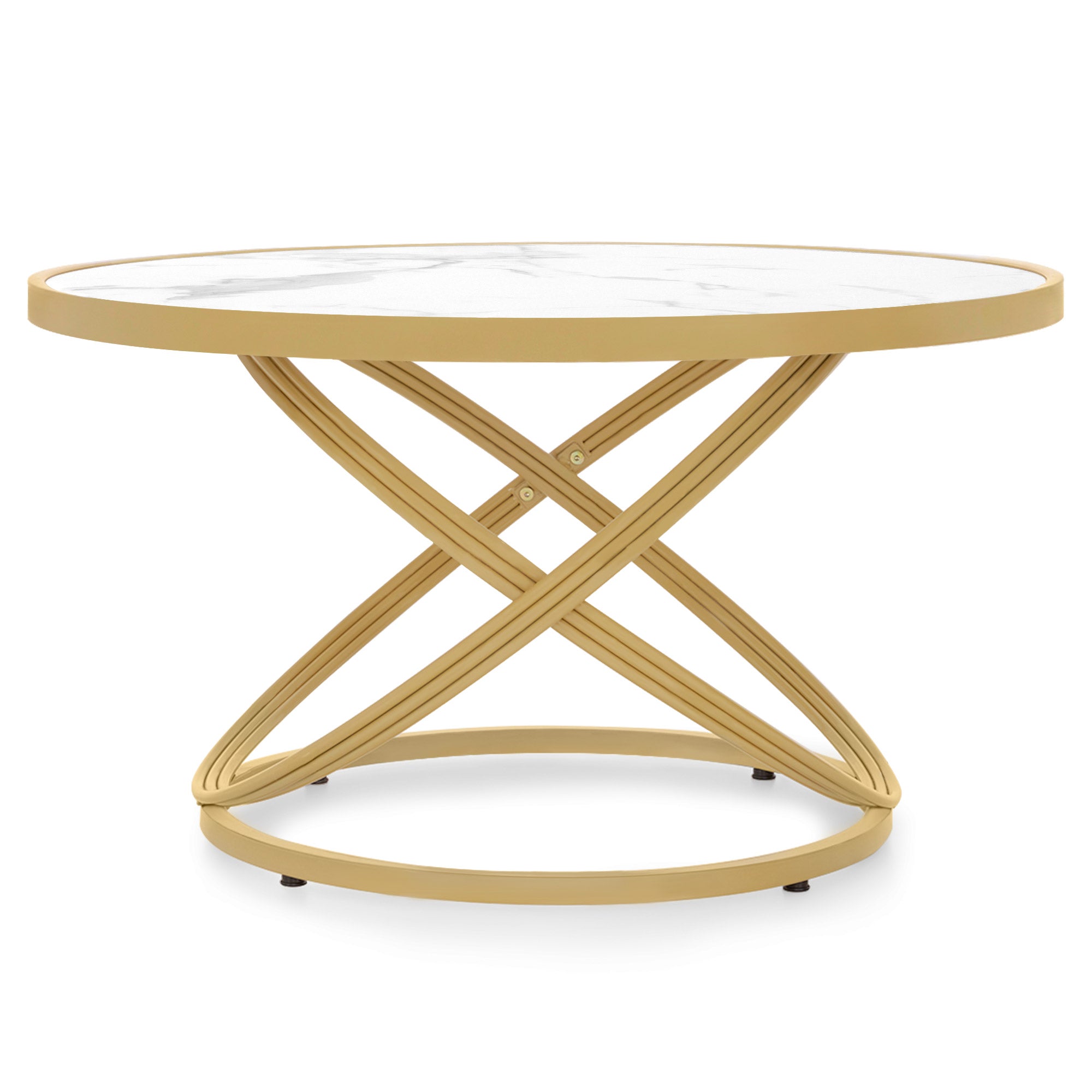 M MCombo Round Wooden Coffee Table, Modern Sofa Table, Small Metal Side Table, Coffee Table for Living Room, Beauty Salon, Living Room Table Marble-White Gold, 80x80x45cm, 2175