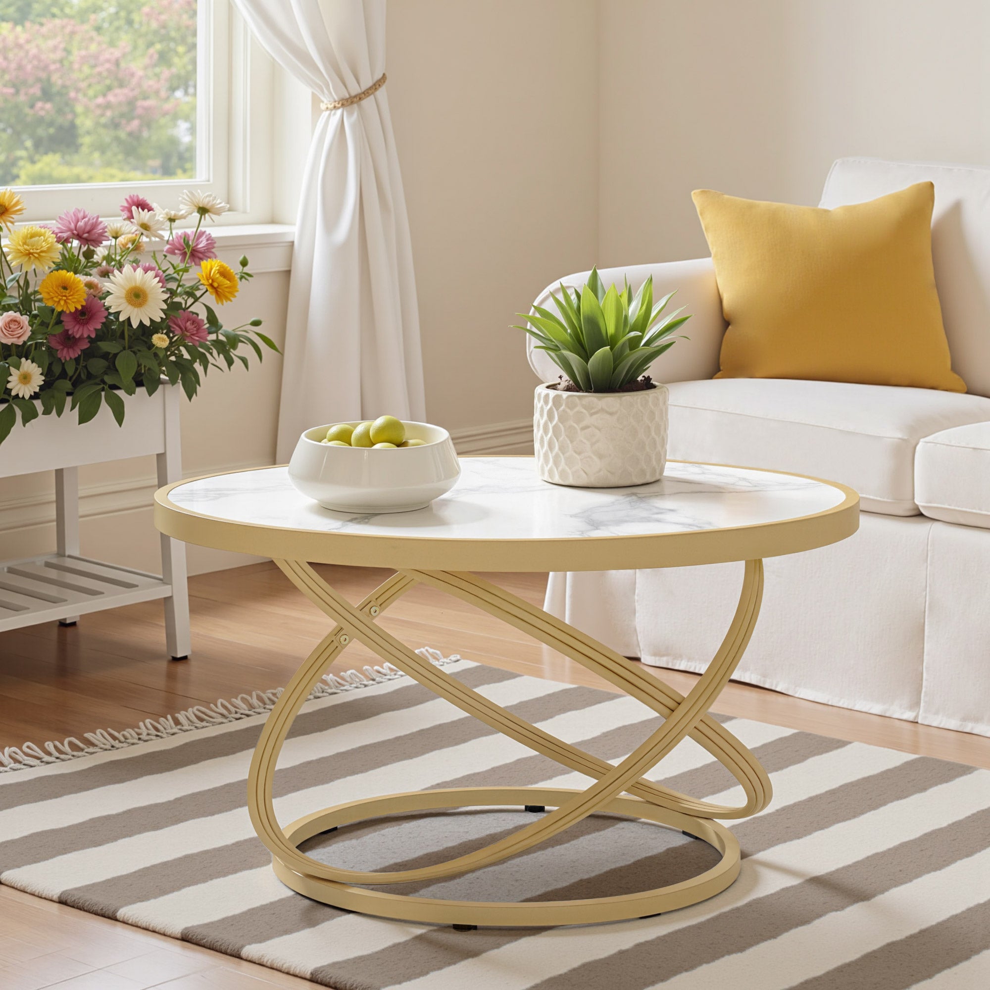 M MCombo Round Wooden Coffee Table, Modern Sofa Table, Small Metal Side Table, Coffee Table for Living Room, Beauty Salon, Living Room Table Marble-White Gold, 80x80x45cm, 2175