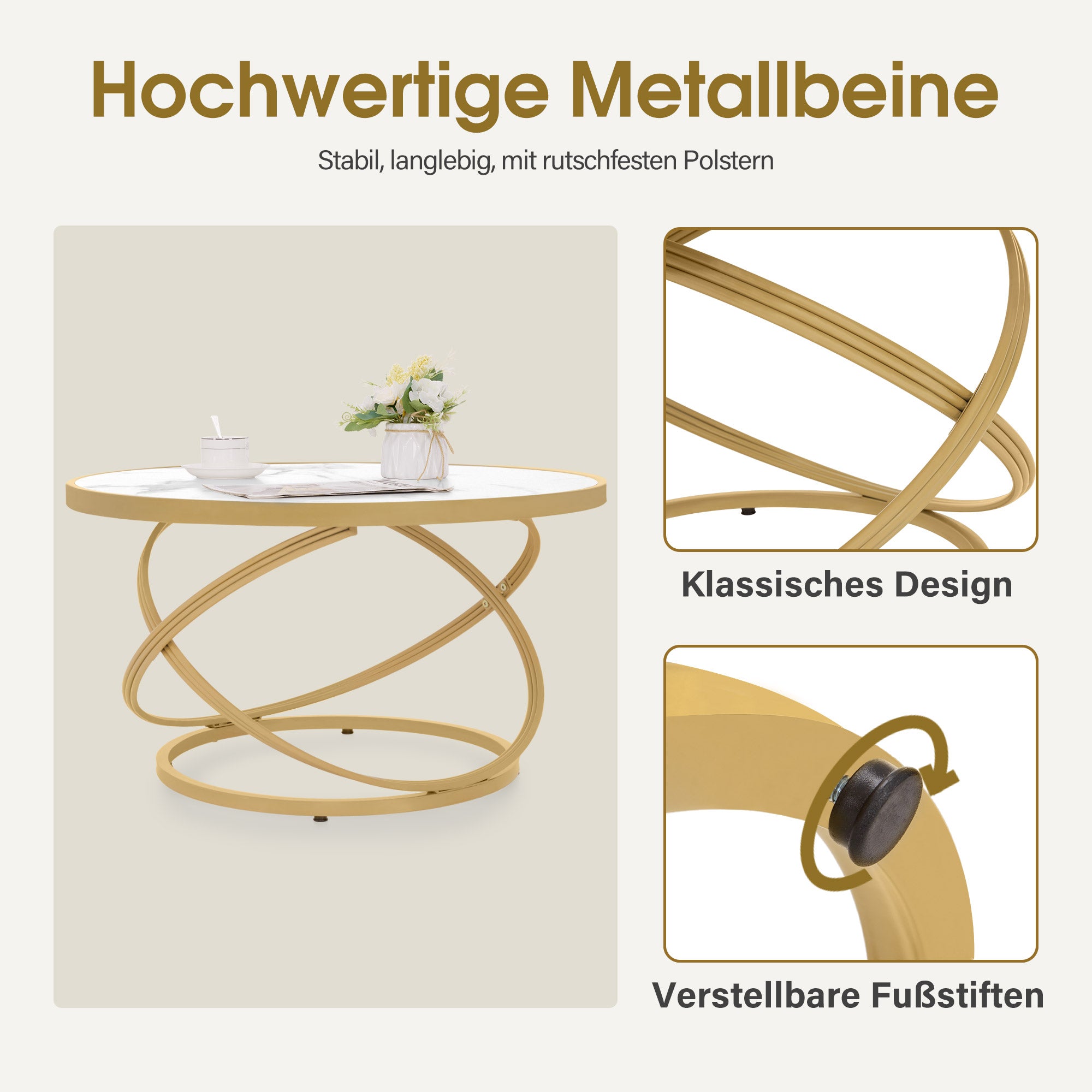 M MCombo Round Wooden Coffee Table, Modern Sofa Table, Small Metal Side Table, Coffee Table for Living Room, Beauty Salon, Living Room Table Marble-White Gold, 80x80x45cm, 2175