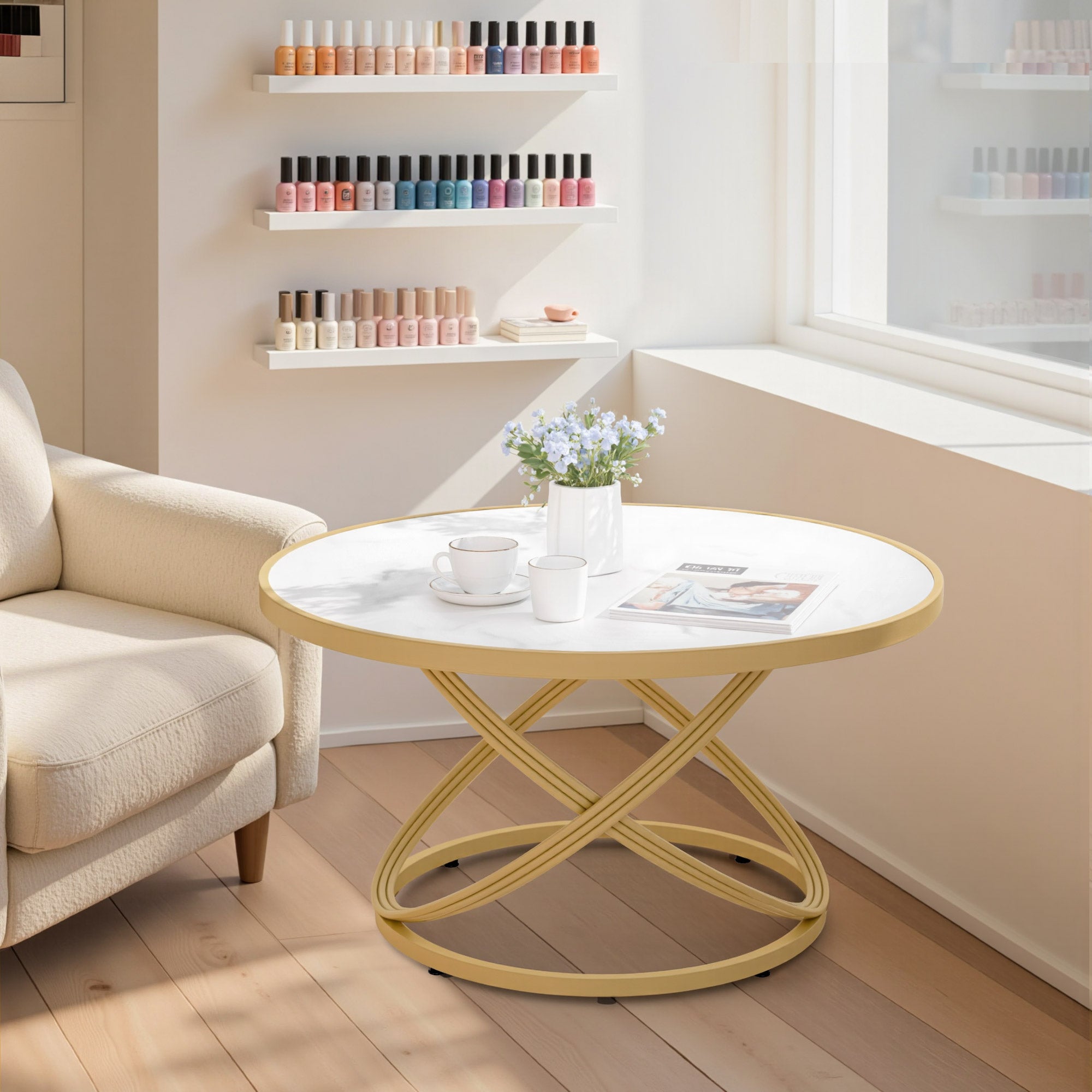 M MCombo Round Wooden Coffee Table, Modern Sofa Table, Small Metal Side Table, Coffee Table for Living Room, Beauty Salon, Living Room Table Marble-White Gold, 80x80x45cm, 2175