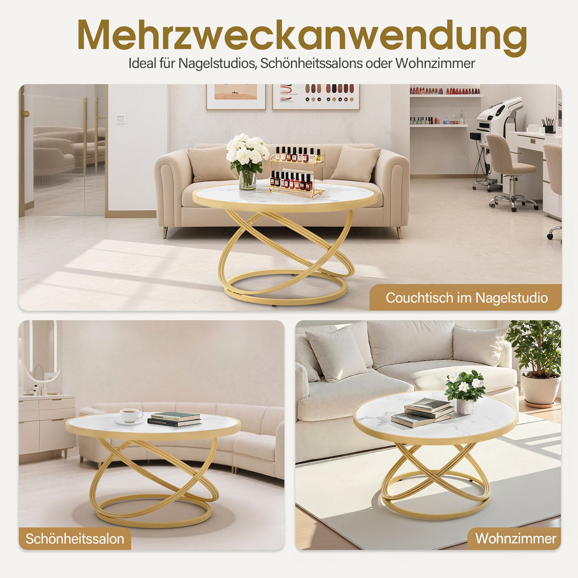M MCombo Round Wooden Coffee Table, Modern Sofa Table, Small Metal Side Table, Coffee Table for Living Room, Beauty Salon, Living Room Table Marble-White Gold, 80x80x45cm, 2175