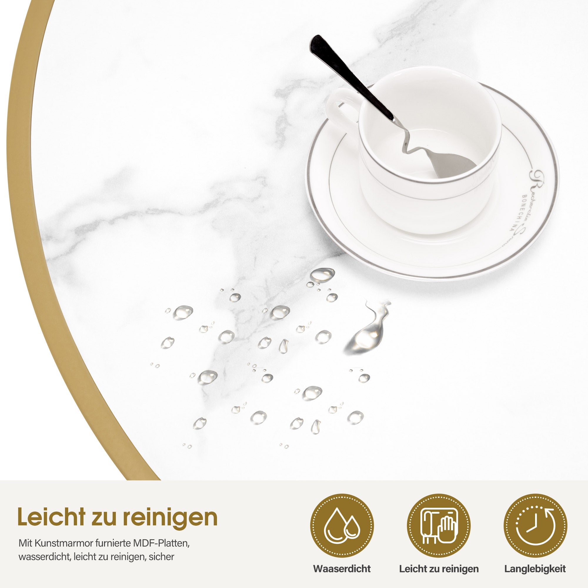 M MCombo Round Wooden Coffee Table, Modern Sofa Table, Small Metal Side Table, Coffee Table for Living Room, Beauty Salon, Living Room Table Marble-White Gold, 80x80x45cm, 2175