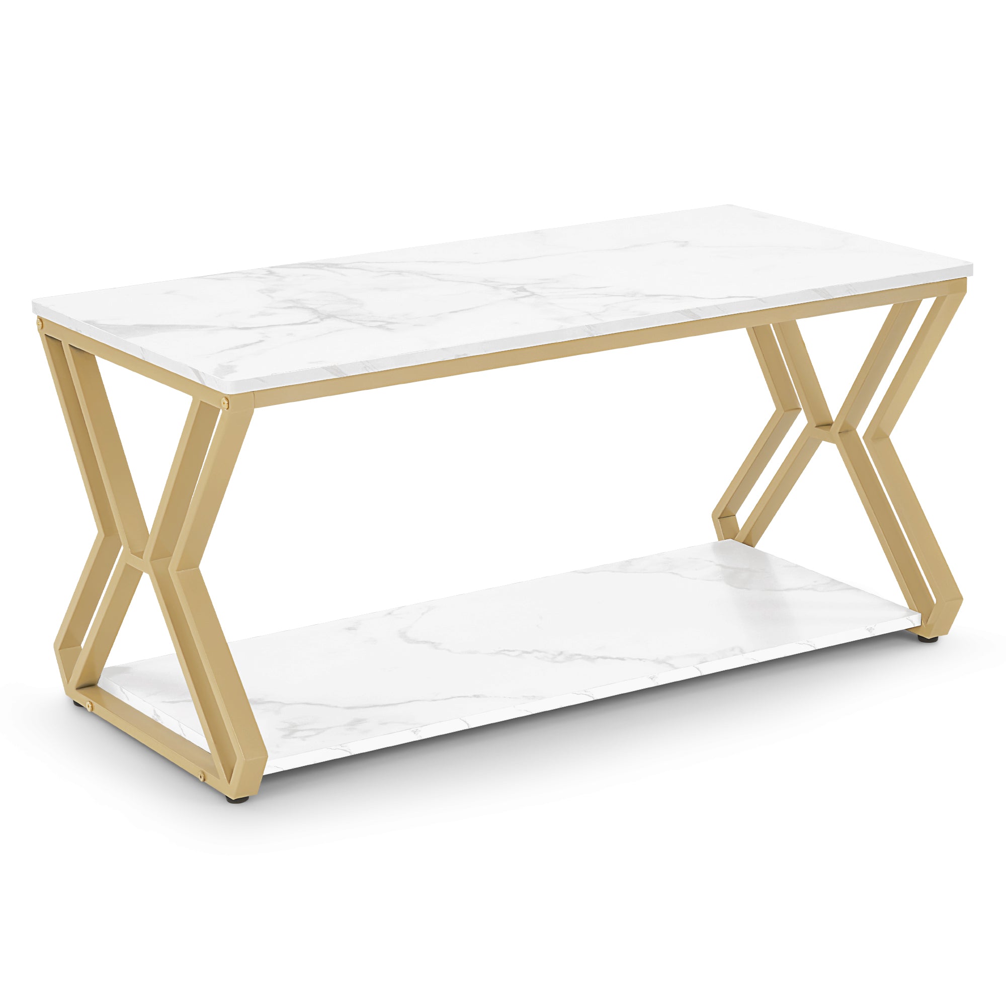 M MCombo Coffee Table Gold, Side Table with 2 Shelves, Wooden Sofa Table, Modern Metal Living Room Table, Coffee Table for Living Room, Beauty Salon, Marble White, 50x100x48cm, 2196