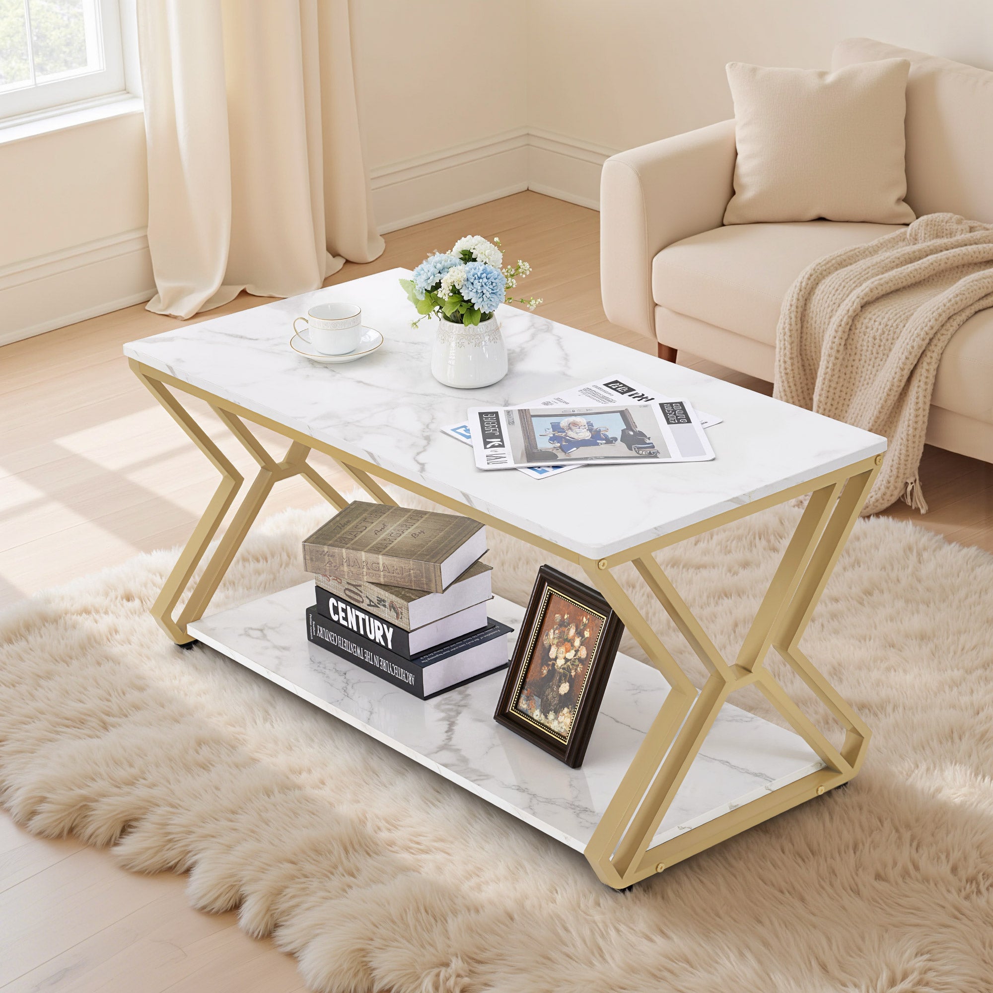 M MCombo Coffee Table Gold, Side Table with 2 Shelves, Wooden Sofa Table, Modern Metal Living Room Table, Coffee Table for Living Room, Beauty Salon, Marble White, 50x100x48cm, 2196
