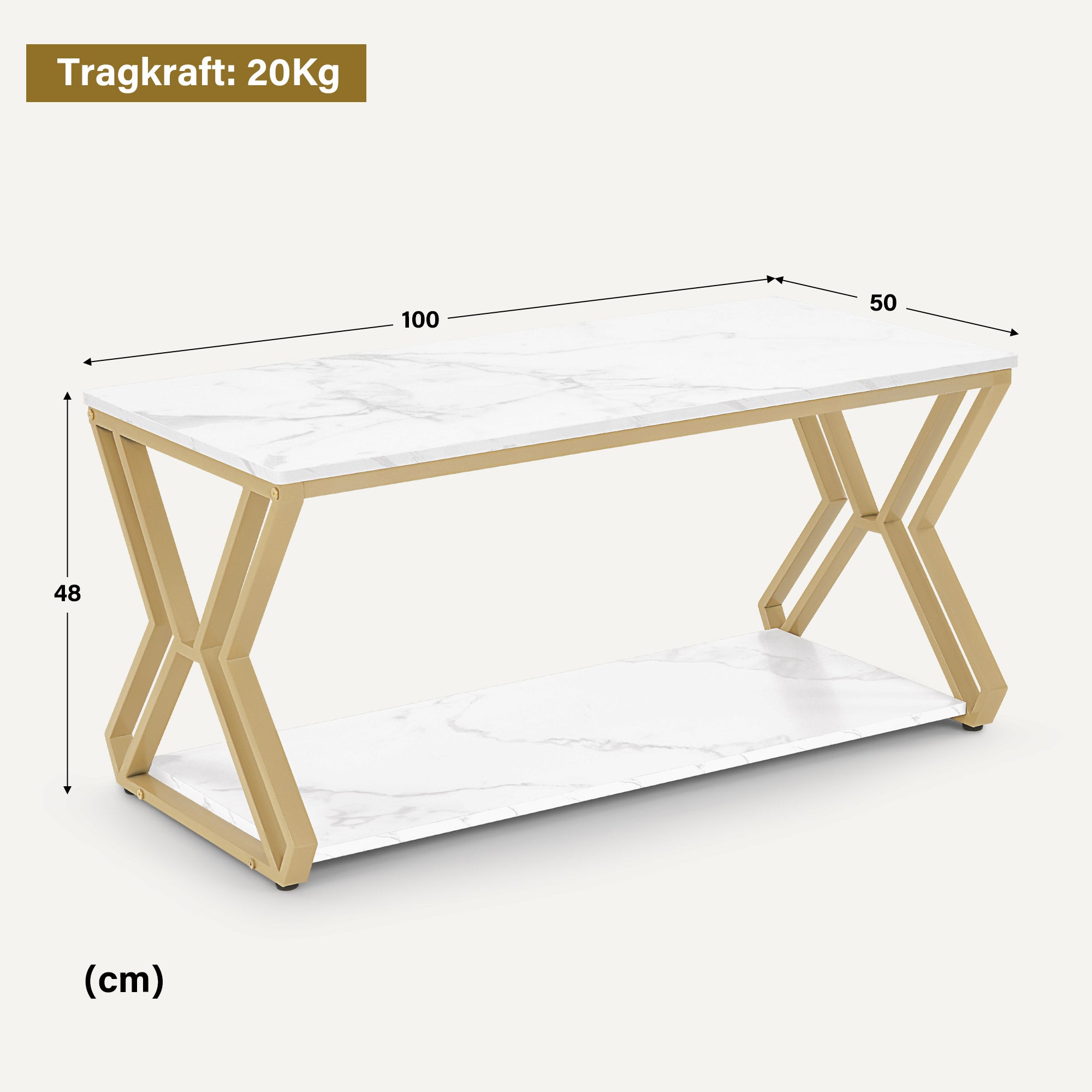 M MCombo Coffee Table Gold, Side Table with 2 Shelves, Wooden Sofa Table, Modern Metal Living Room Table, Coffee Table for Living Room, Beauty Salon, Marble White, 50x100x48cm, 2196