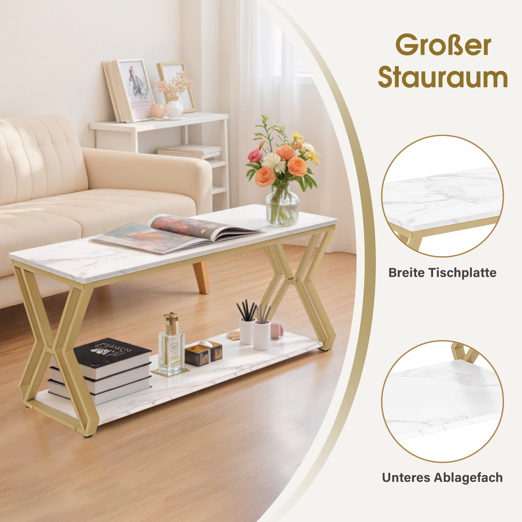 M MCombo Coffee Table Gold, Side Table with 2 Shelves, Wooden Sofa Table, Modern Metal Living Room Table, Coffee Table for Living Room, Beauty Salon, Marble White, 50x100x48cm, 2196