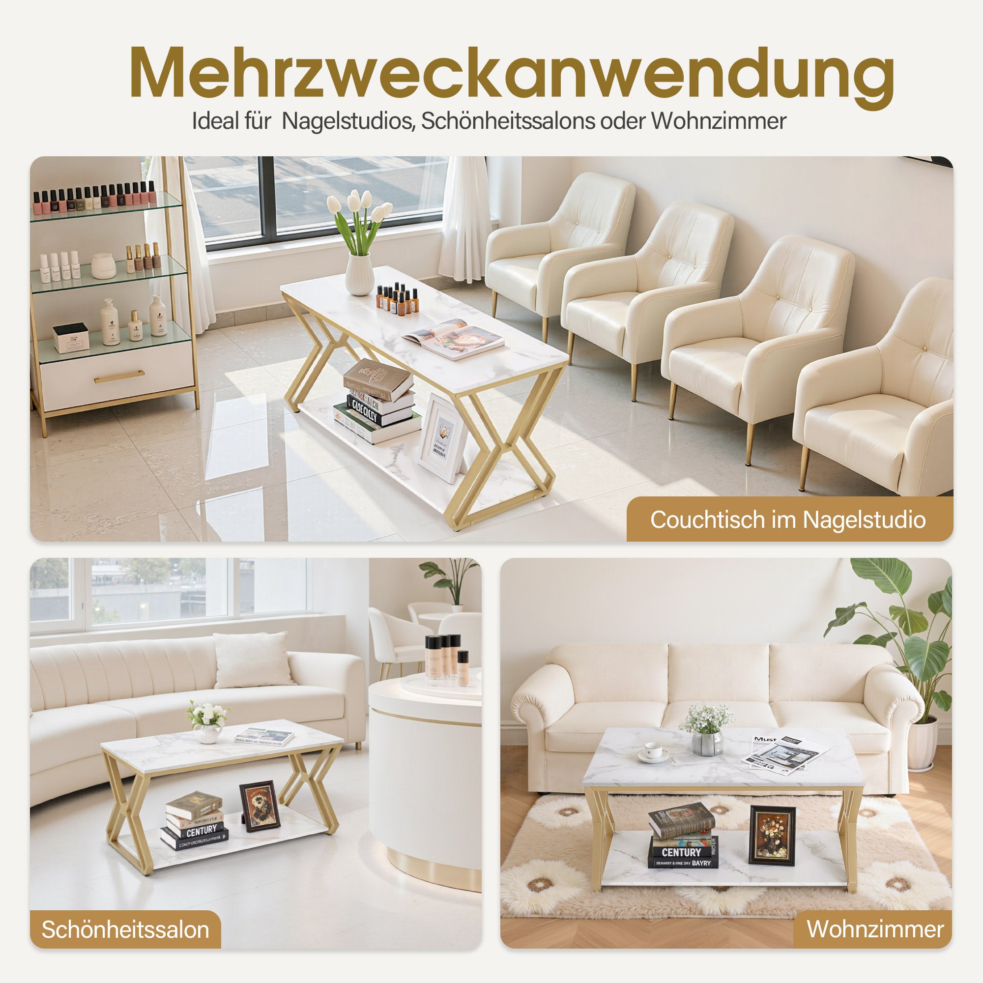 M MCombo Coffee Table Gold, Side Table with 2 Shelves, Wooden Sofa Table, Modern Metal Living Room Table, Coffee Table for Living Room, Beauty Salon, Marble White, 50x100x48cm, 2196