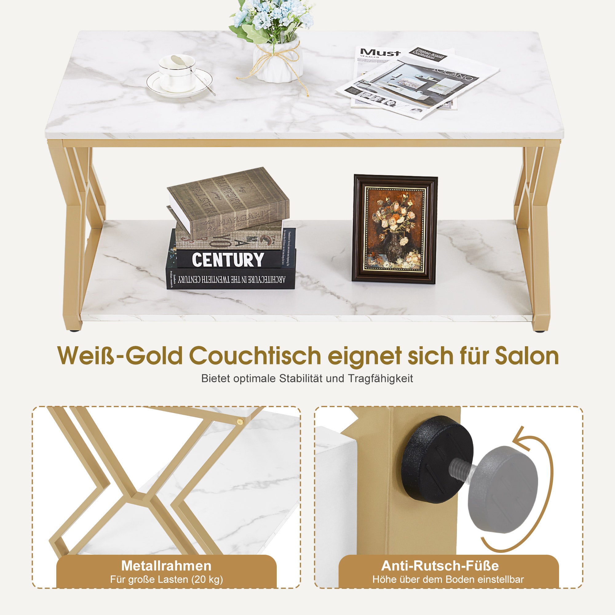 M MCombo Coffee Table Gold, Side Table with 2 Shelves, Wooden Sofa Table, Modern Metal Living Room Table, Coffee Table for Living Room, Beauty Salon, Marble White, 50x100x48cm, 2196