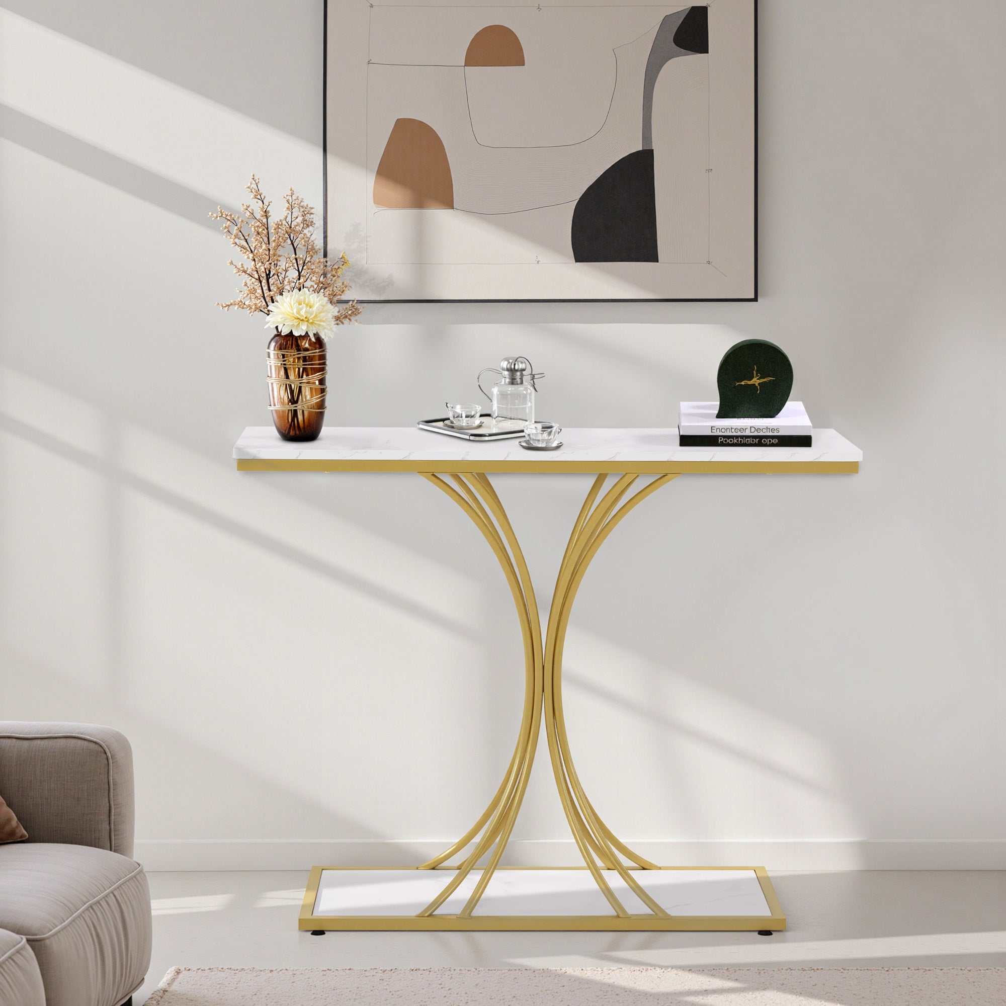 M MCombo Console Table Narrow, Entryway Table Wood Metal Frame, Hallway Table with 2 Levels, Modern Side Table for Hallway, Living Room, Anteroom, Entrance, Foyer, Marble White Gold, 30x100x80.5cm, 2226