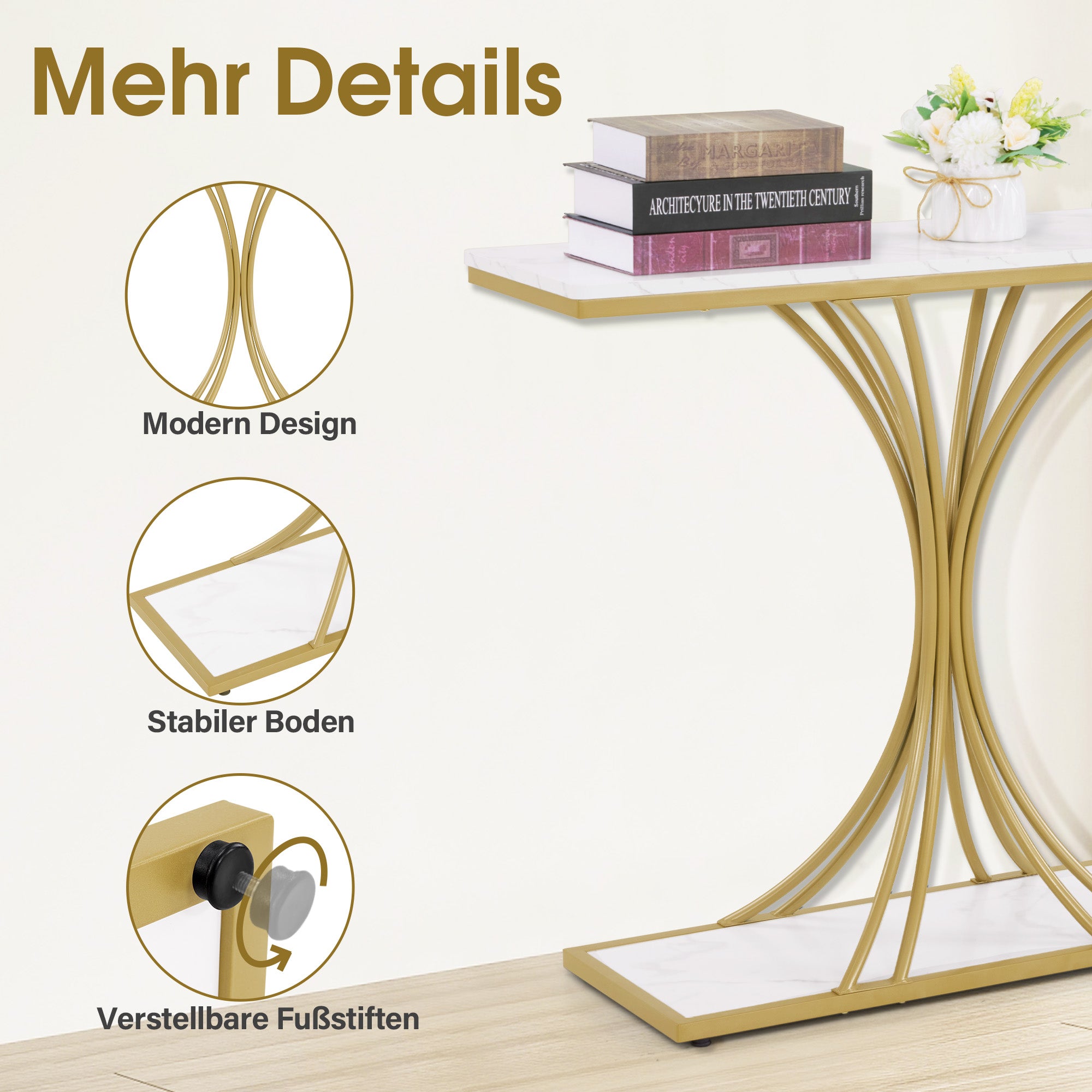 M MCombo Console Table Narrow, Entryway Table Wood Metal Frame, Hallway Table with 2 Levels, Modern Side Table for Hallway, Living Room, Anteroom, Entrance, Foyer, Marble White Gold, 30x100x80.5cm, 2226