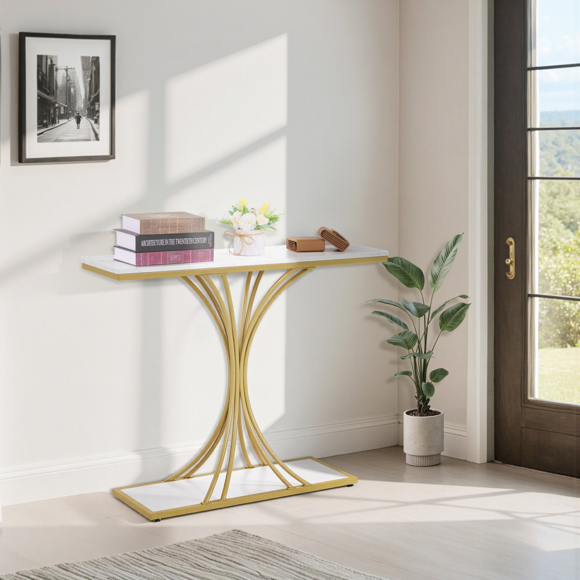 M MCombo Console Table Narrow, Entryway Table Wood Metal Frame, Hallway Table with 2 Levels, Modern Side Table for Hallway, Living Room, Anteroom, Entrance, Foyer, Marble White Gold, 30x100x80.5cm, 2226